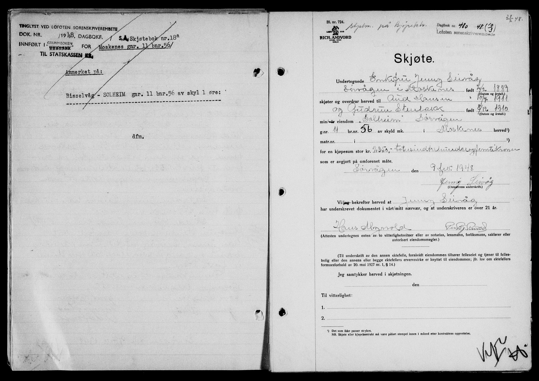 Lofoten sorenskriveri, SAT/A-0017/1/2/2C/L0018a: Mortgage book no. 18a, 1948-1948, Diary no: : 480/1948