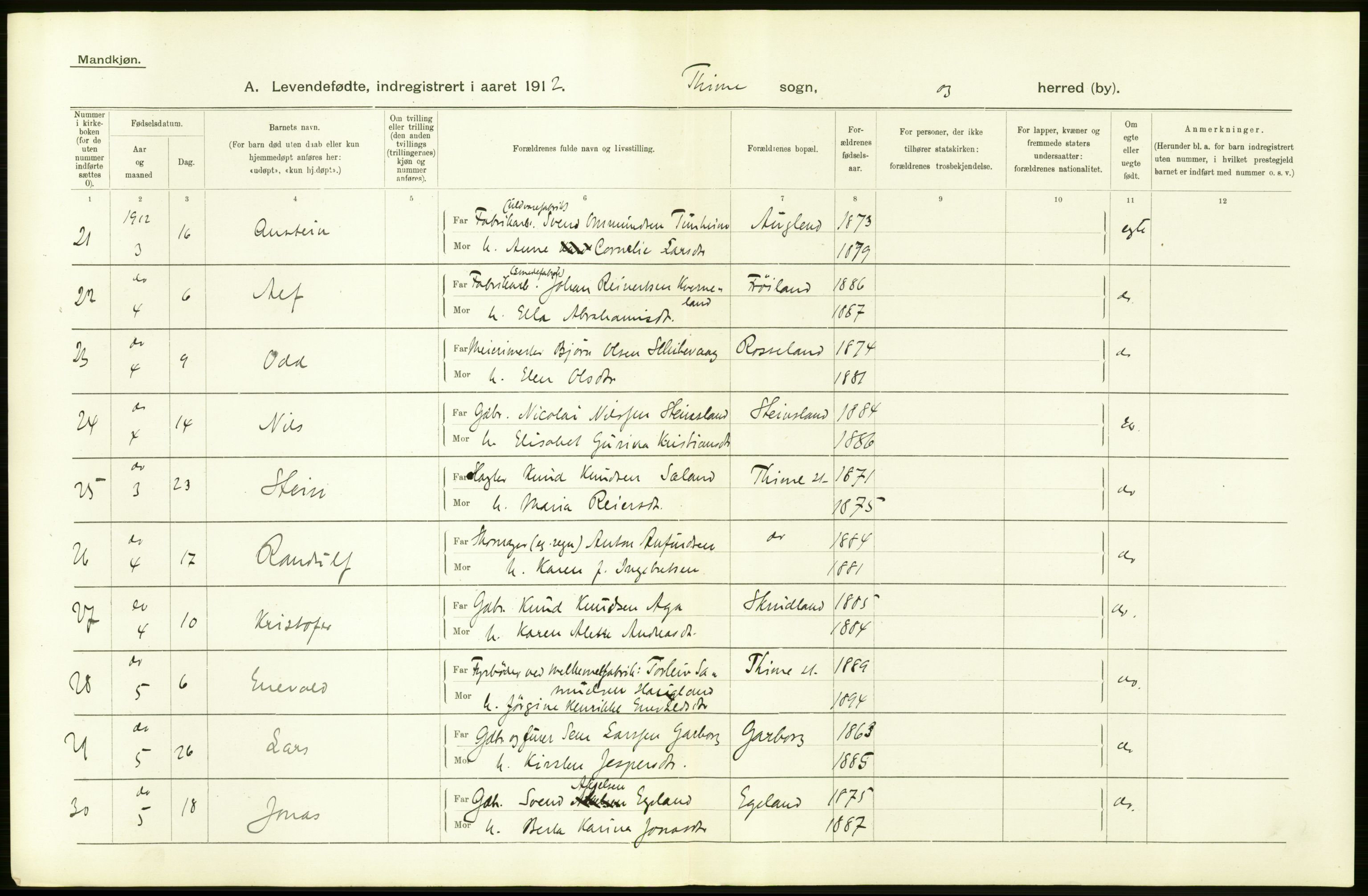 Statistisk sentralbyrå, Sosiodemografiske emner, Befolkning, AV/RA-S-2228/D/Df/Dfb/Dfbb/L0026: Stavanger amt: Levendefødte menn og kvinner. Bygder., 1912, p. 10