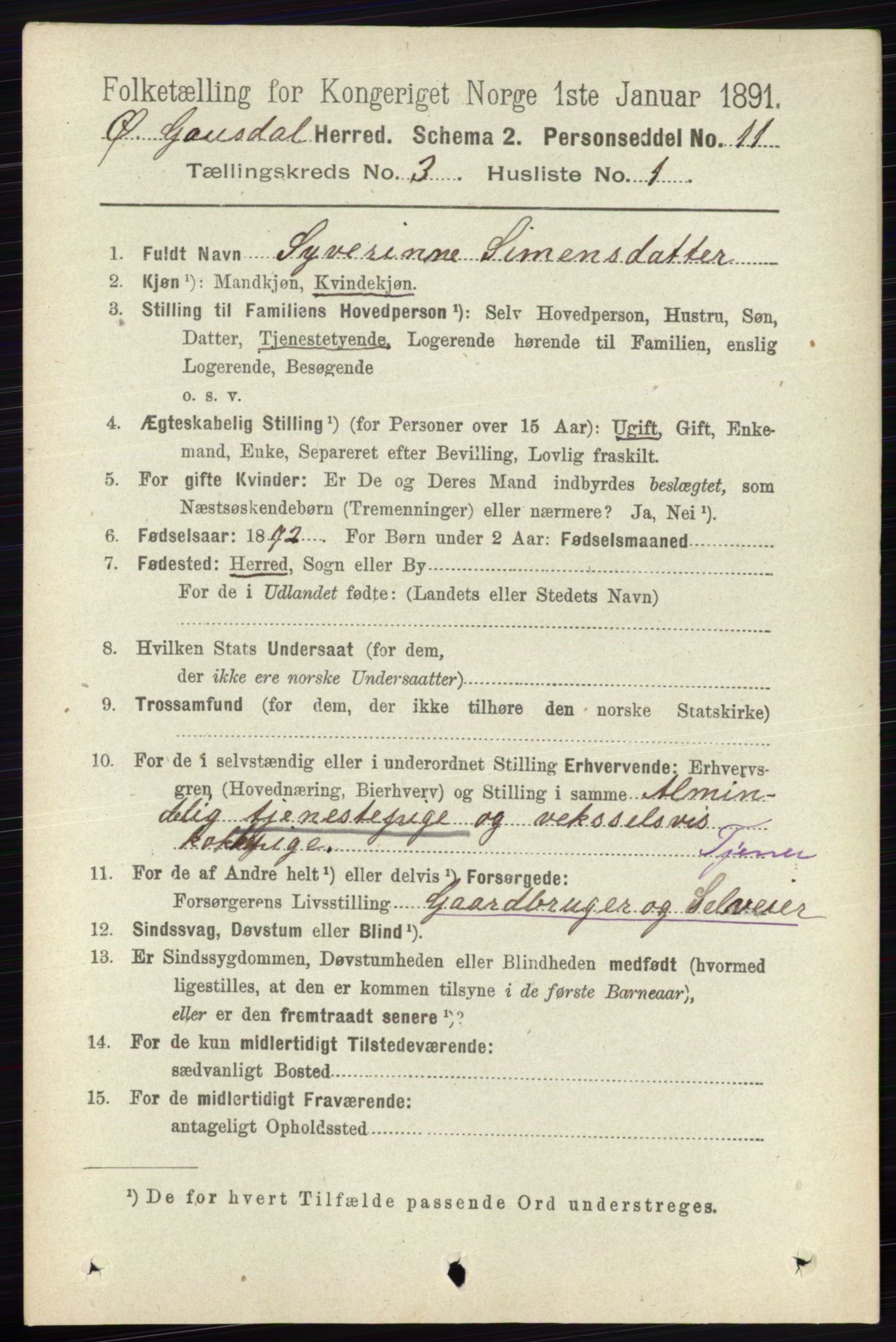 RA, 1891 census for 0522 Østre Gausdal, 1891, p. 1714