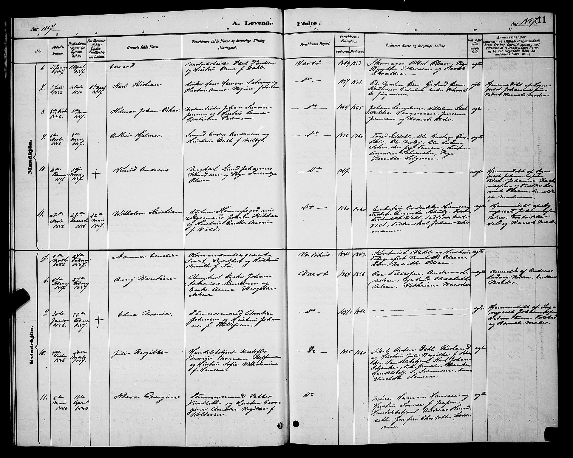 Vardø sokneprestkontor, AV/SATØ-S-1332/H/Hb/L0005klokker: Parish register (copy) no. 5, 1887-1892, p. 11