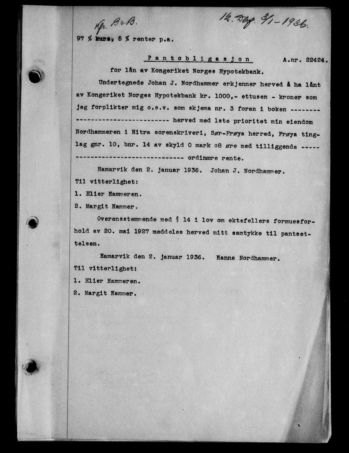Hitra sorenskriveri, AV/SAT-A-0018/2/2C/2Ca/L0028: Mortgage book no. B-1, 1936-1939, Diary no: : 12/1936
