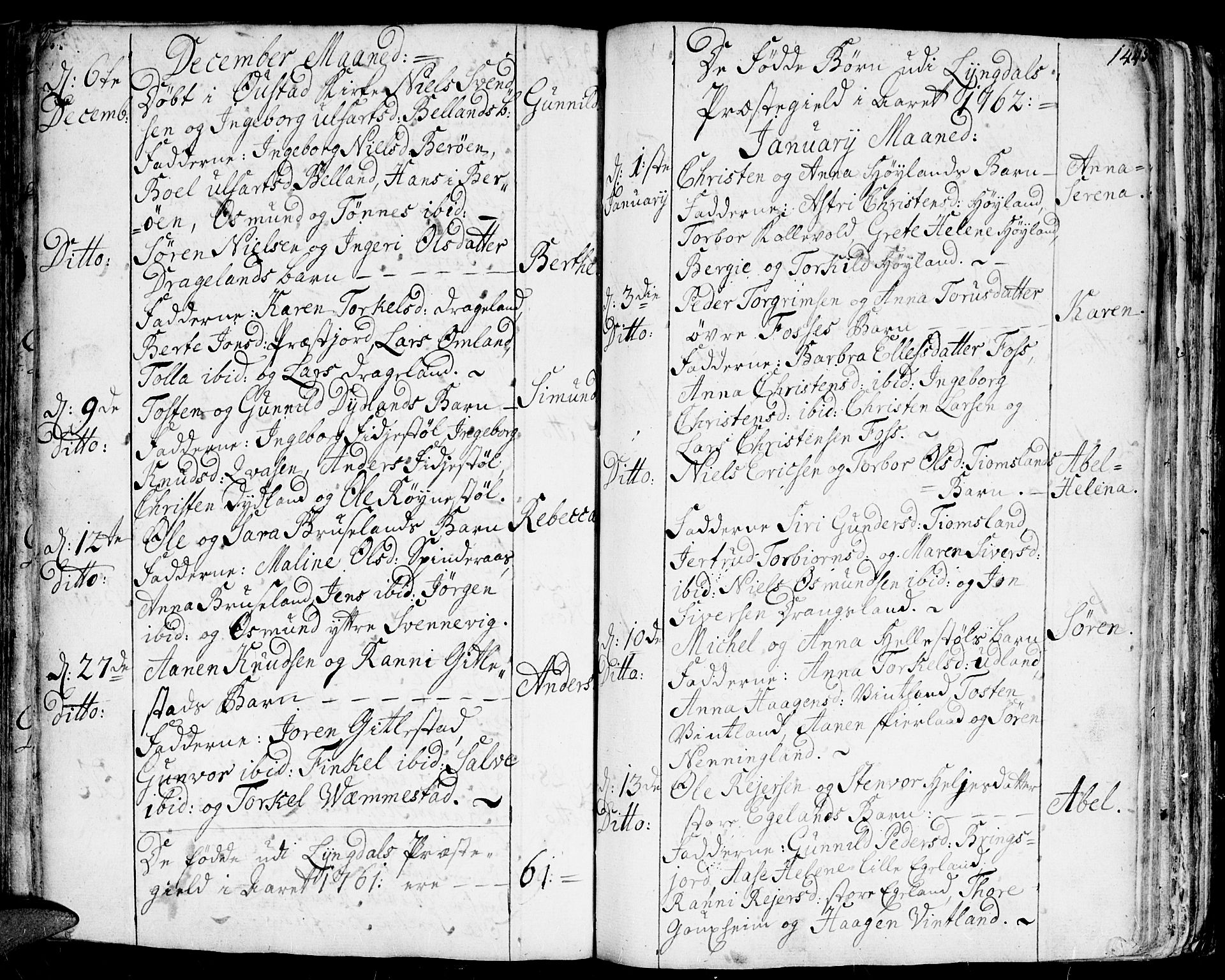 Lyngdal sokneprestkontor, SAK/1111-0029/F/Fa/Fac/L0001: Parish register (official) no. A 1, 1727-1779, p. 144