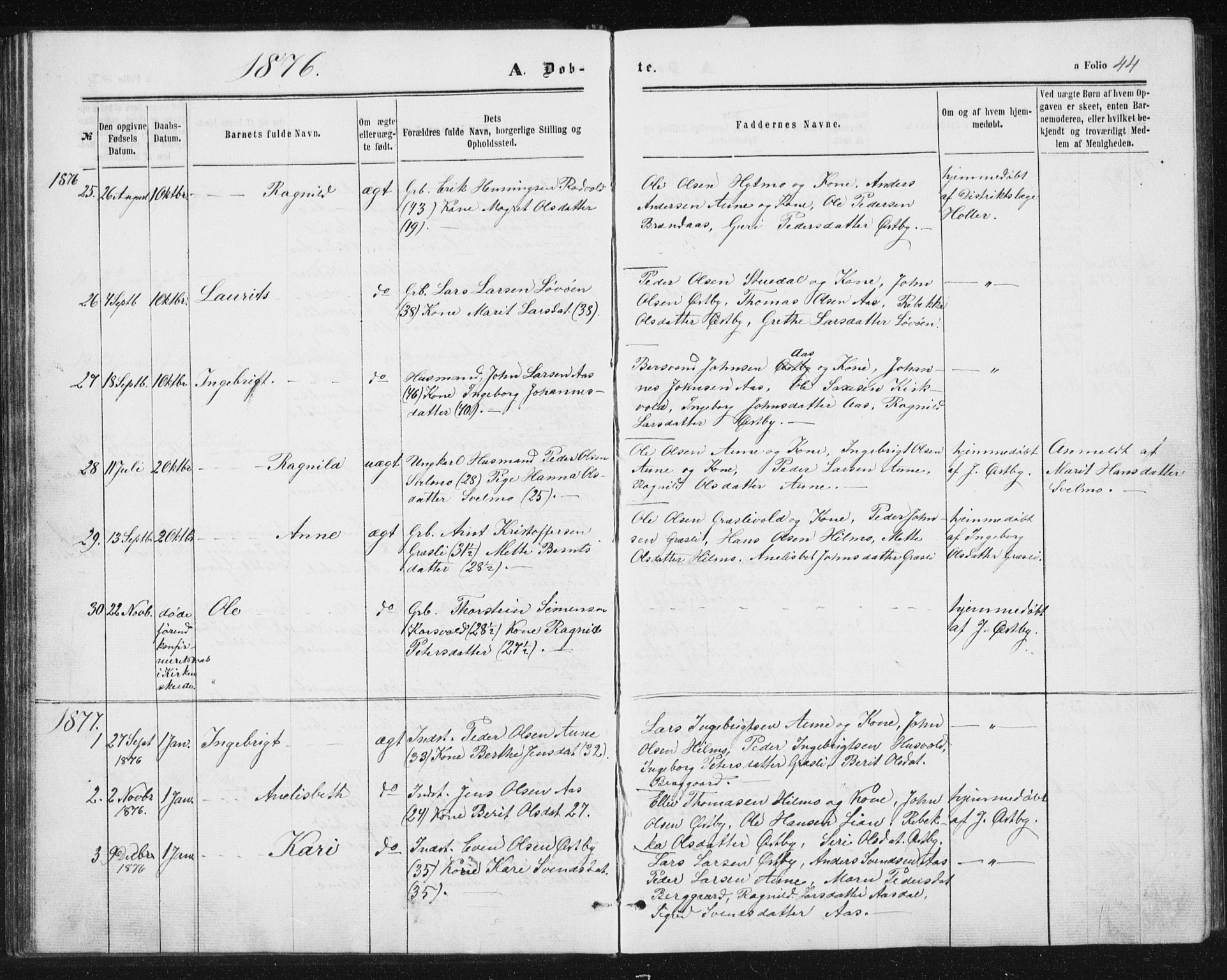 Ministerialprotokoller, klokkerbøker og fødselsregistre - Sør-Trøndelag, SAT/A-1456/698/L1166: Parish register (copy) no. 698C03, 1861-1887, p. 44