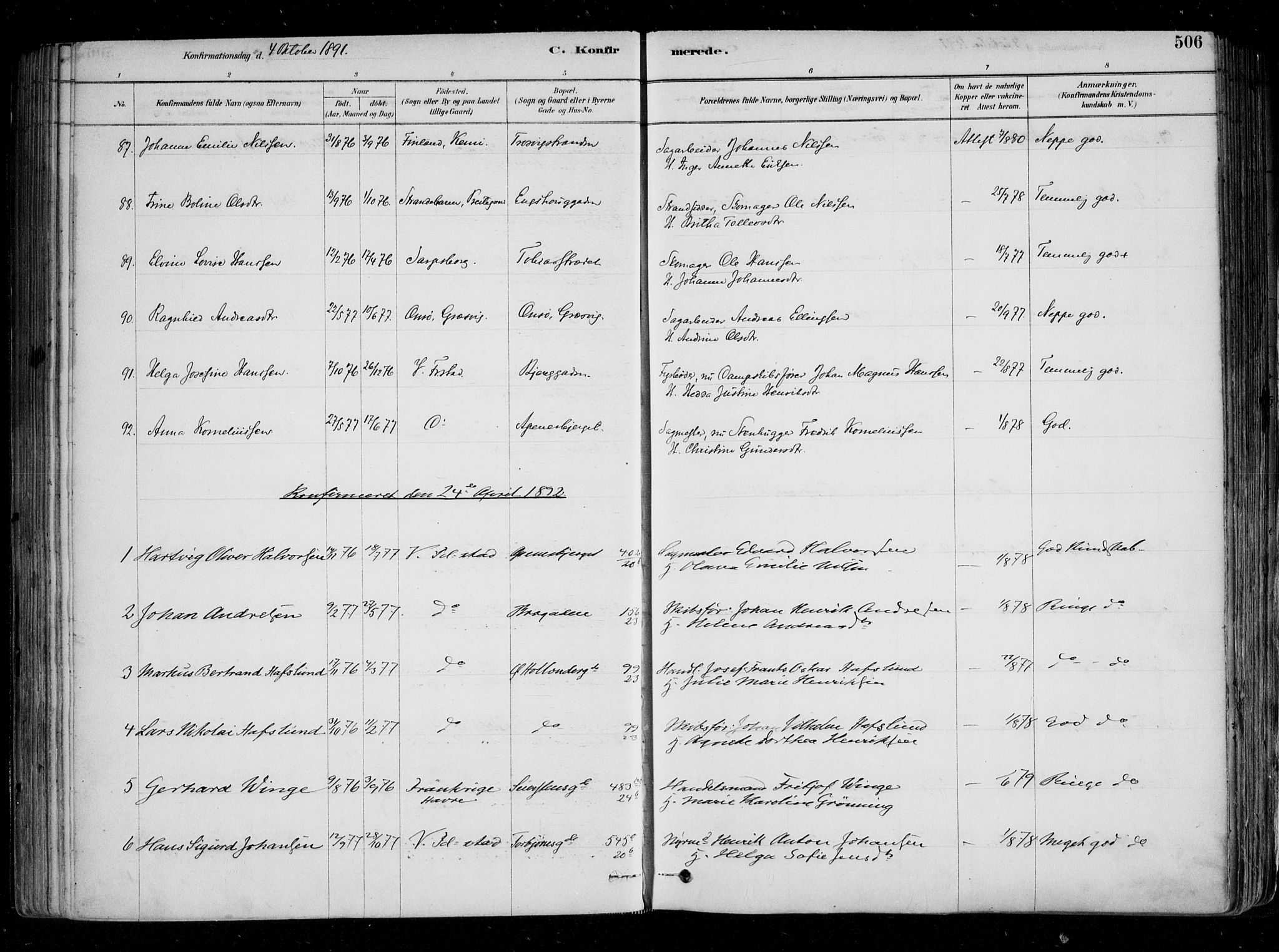 Fredrikstad domkirkes prestekontor Kirkebøker, SAO/A-10906/F/Fa/L0004: Parish register (official) no. 4, 1878-1907, p. 506