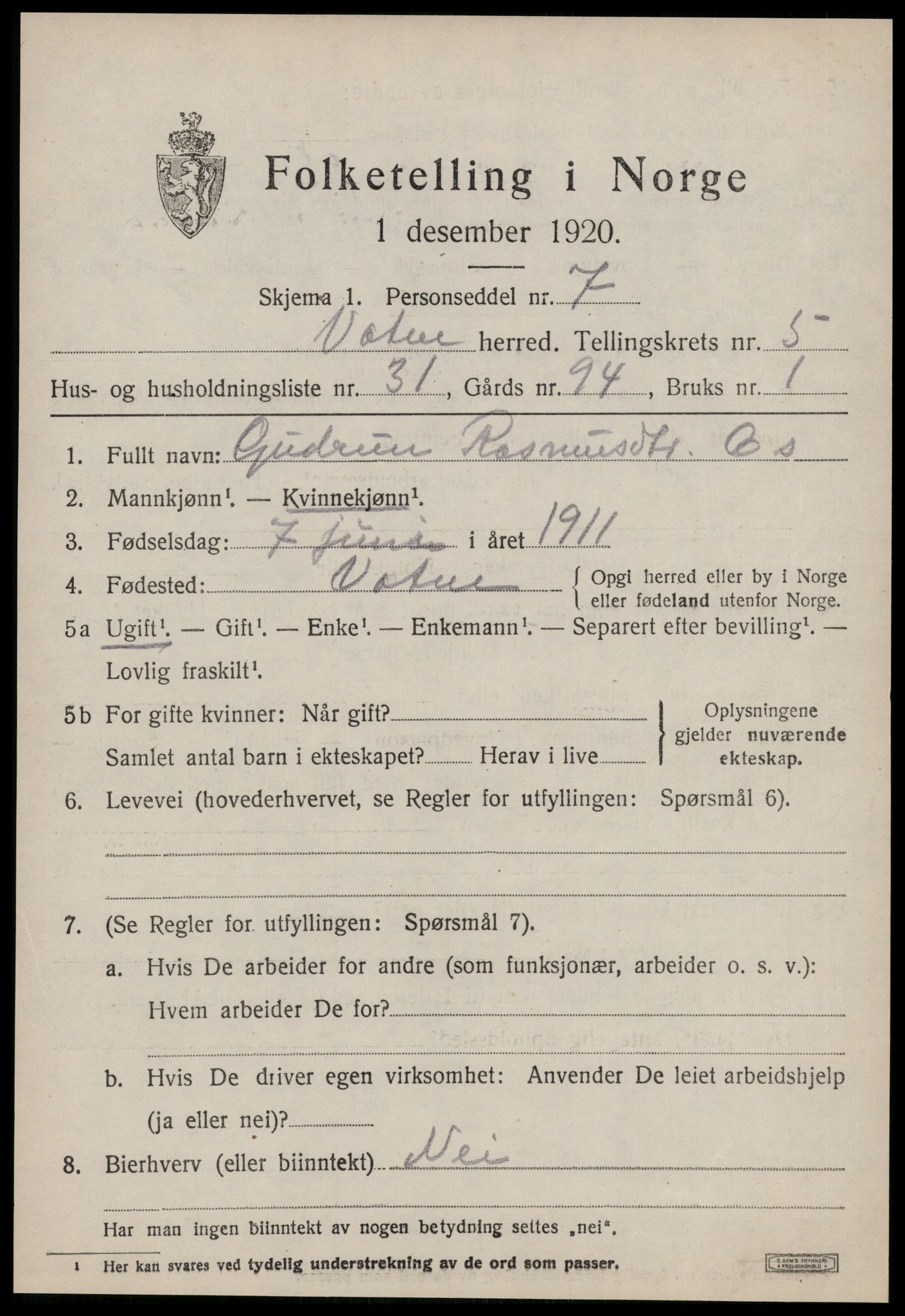 SAT, 1920 census for Vatne, 1920, p. 2624