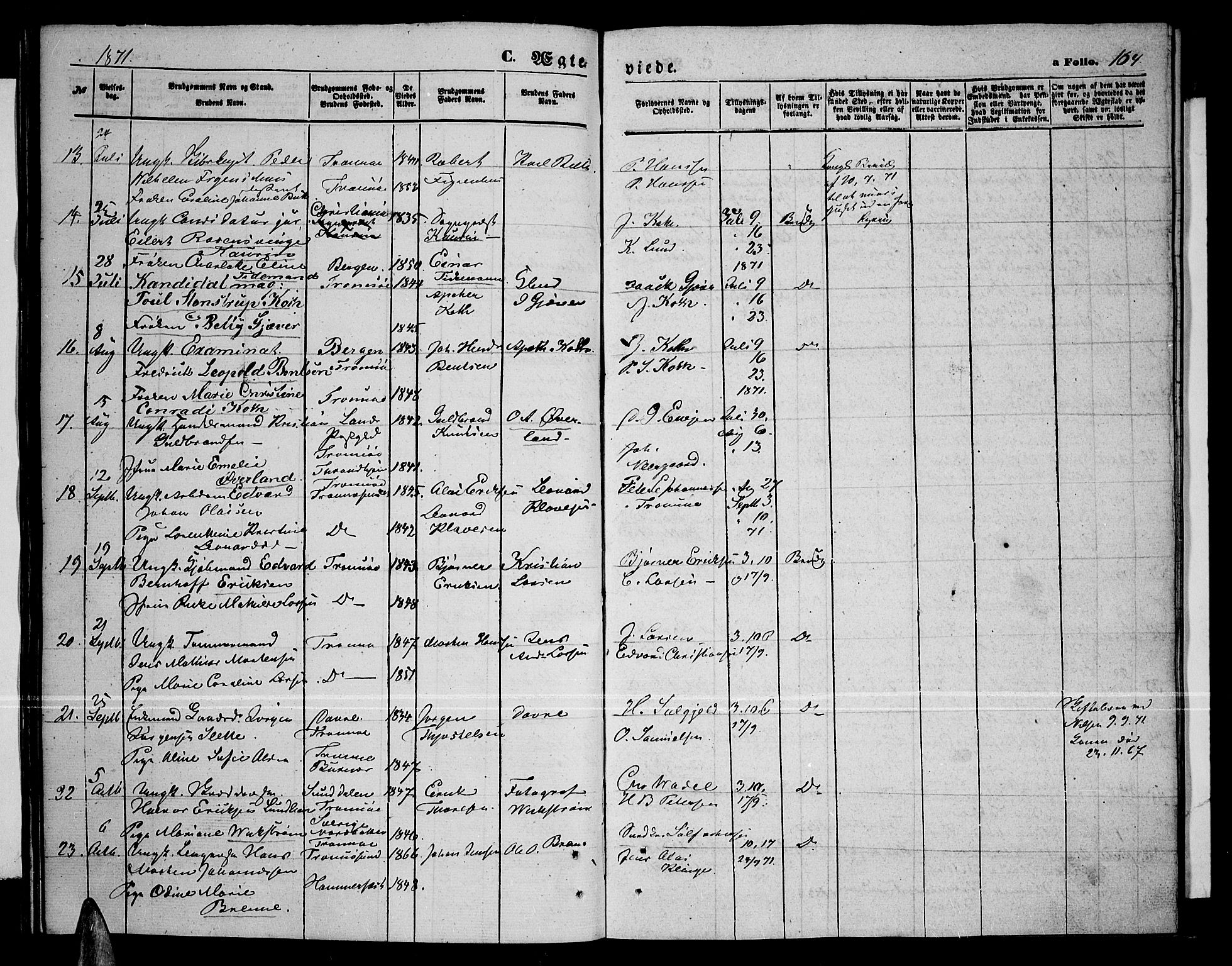 Tromsø sokneprestkontor/stiftsprosti/domprosti, AV/SATØ-S-1343/G/Gb/L0007klokker: Parish register (copy) no. 7, 1867-1875, p. 164