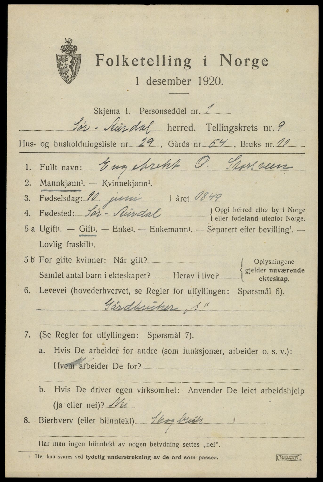 SAH, 1920 census for Sør-Aurdal, 1920, p. 5467