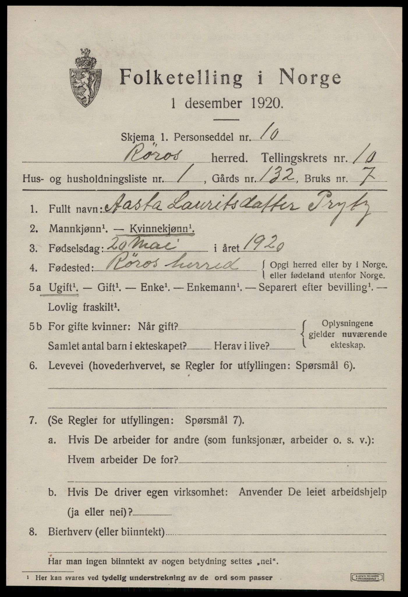 SAT, 1920 census for Røros, 1920, p. 8180