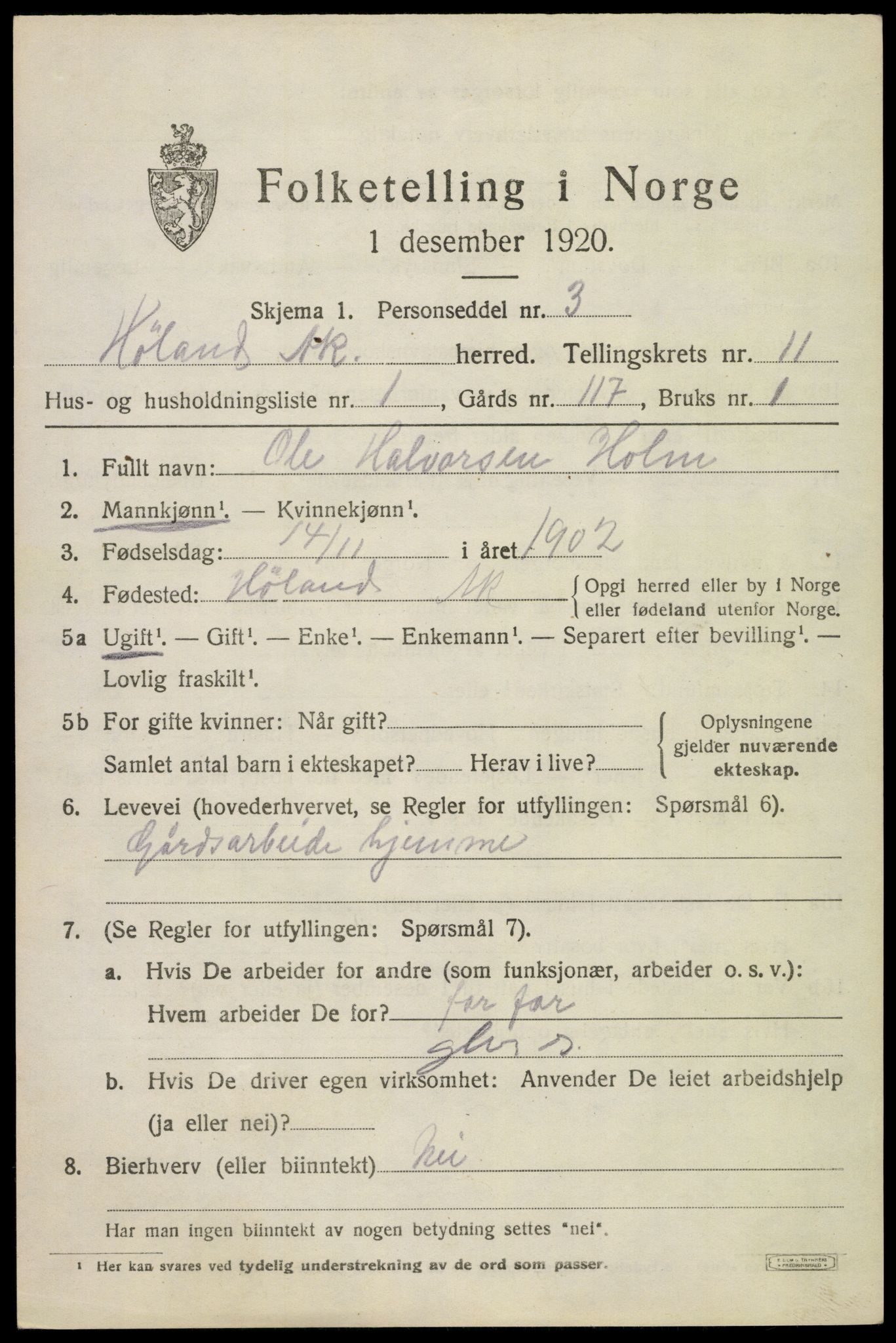 SAO, 1920 census for Høland, 1920, p. 10803