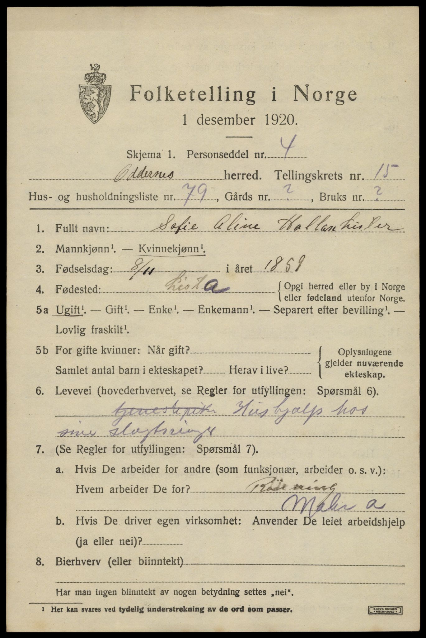 SAK, 1920 census for Oddernes, 1920, p. 11131