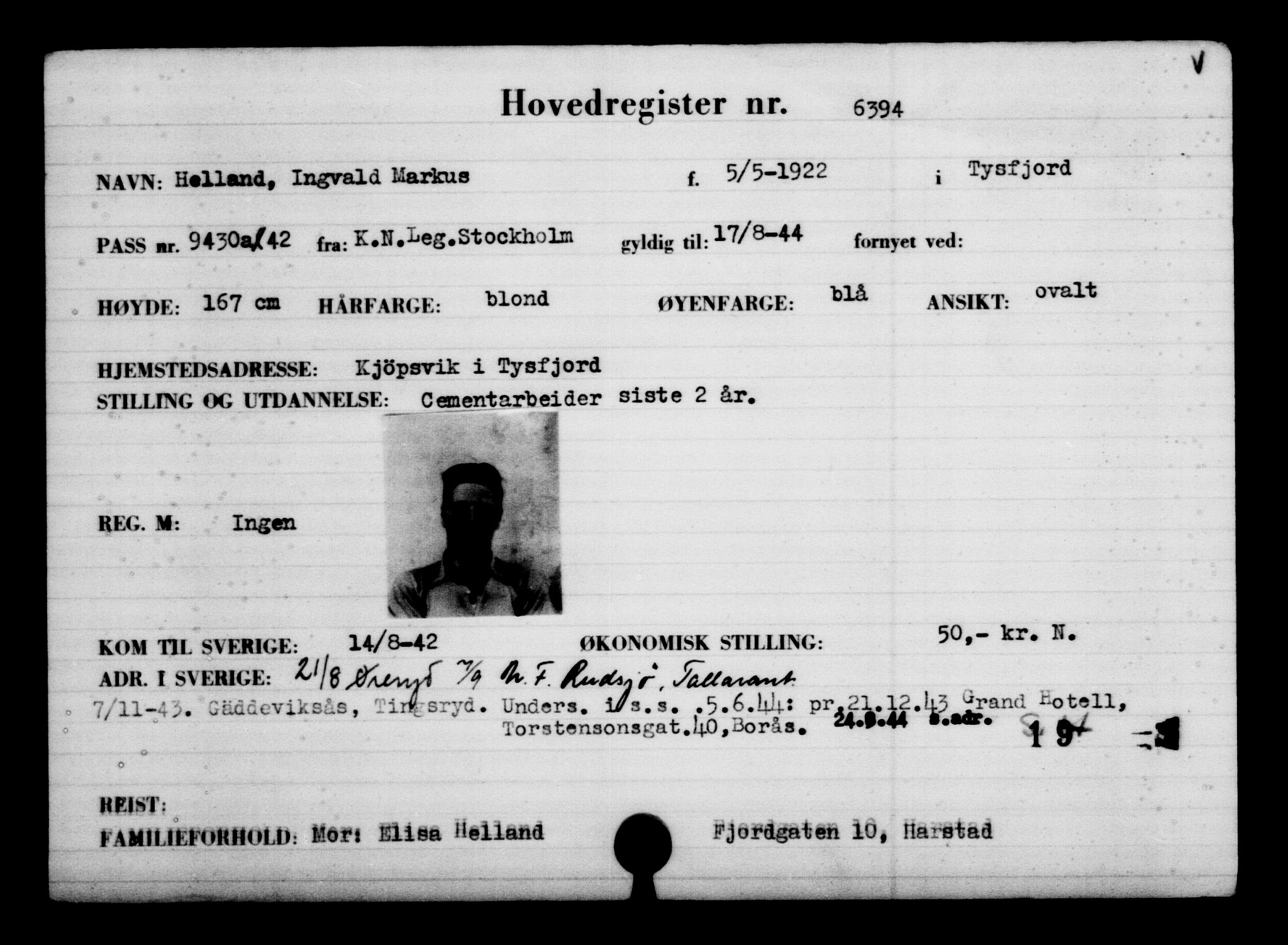 Utenriksstasjonene, Legasjonen i Stockholm, Flyktningkontoret, AV/RA-S-6753/V/Va/L0004: Kjesäterkartoteket, flyktninger med registreringsnr. 3496-6610, 1940-1945, p. 3426