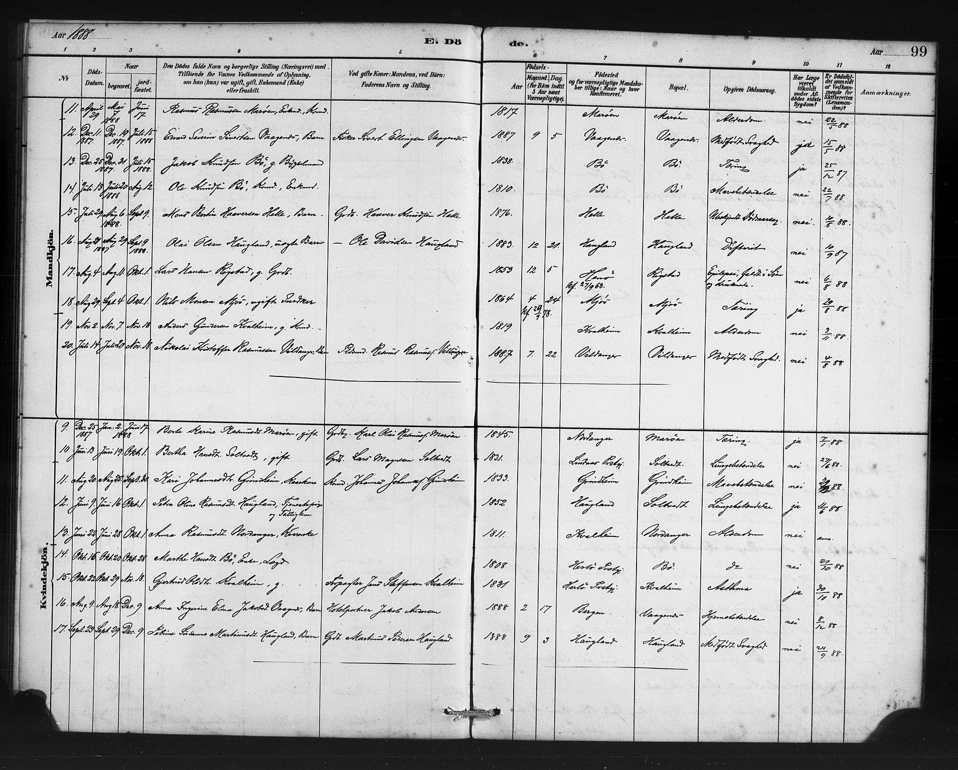 Manger sokneprestembete, SAB/A-76801/H/Haa: Parish register (official) no. C 1, 1881-1890, p. 99