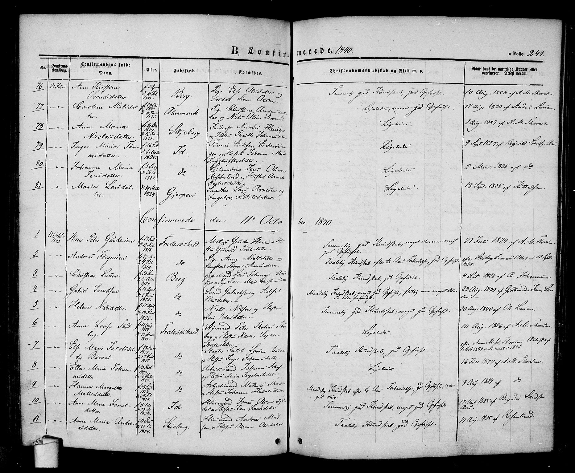 Halden prestekontor Kirkebøker, AV/SAO-A-10909/F/Fa/L0005: Parish register (official) no. I 5, 1834-1845, p. 241