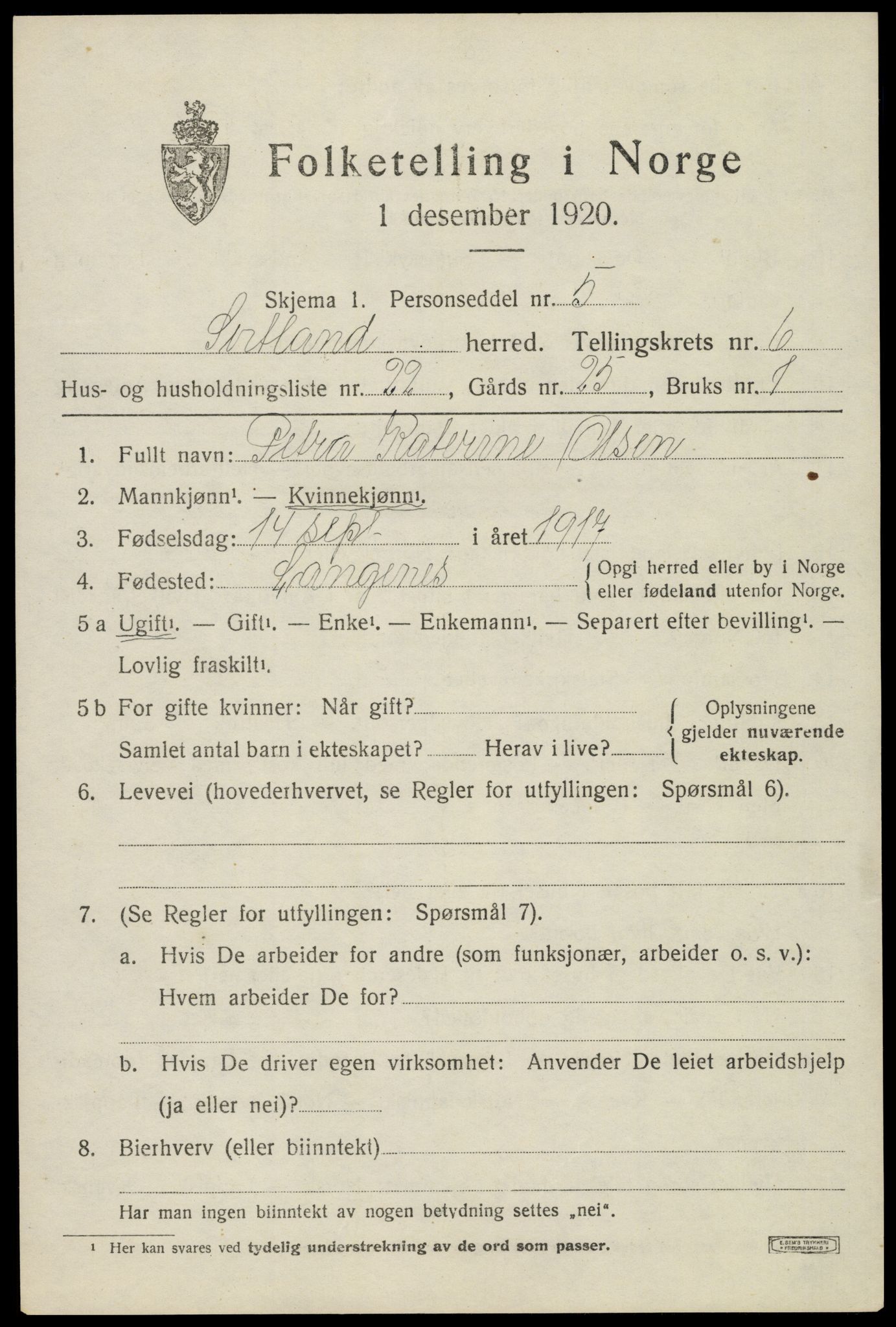 SAT, 1920 census for Sortland, 1920, p. 6524