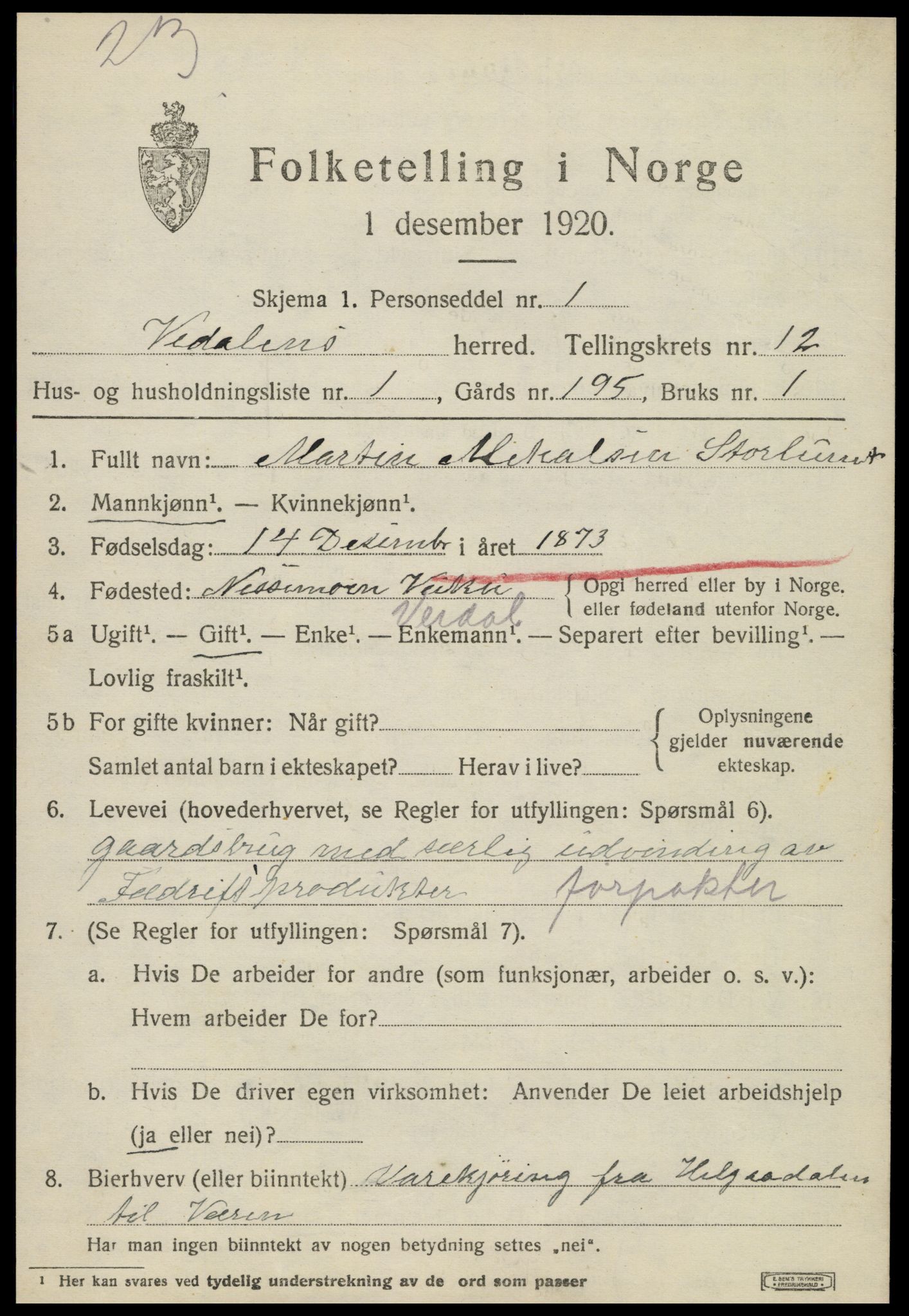 SAT, 1920 census for Verdal, 1920, p. 13261