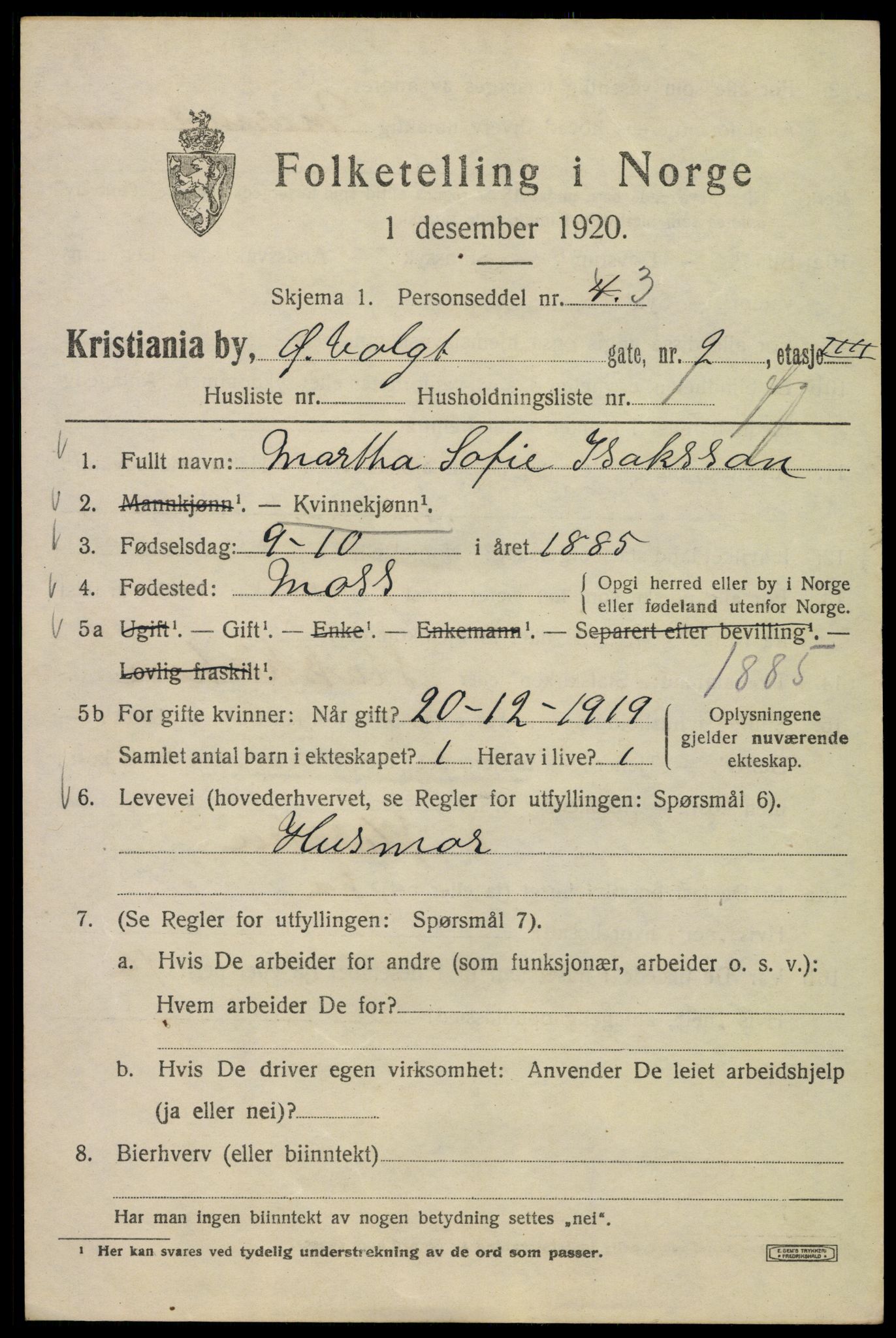 SAO, 1920 census for Kristiania, 1920, p. 658407