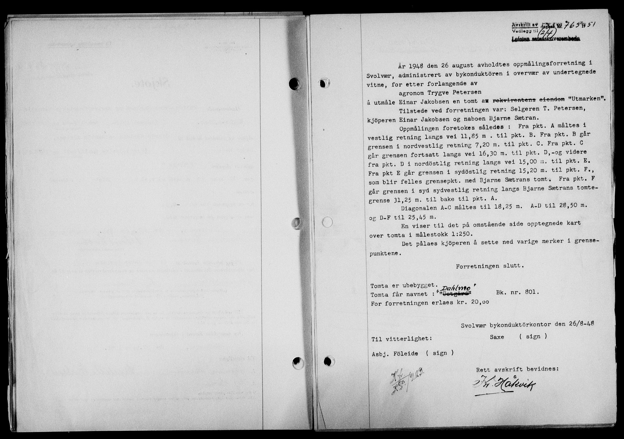 Lofoten sorenskriveri, SAT/A-0017/1/2/2C/L0025a: Mortgage book no. 25a, 1950-1951, Diary no: : 765/1951