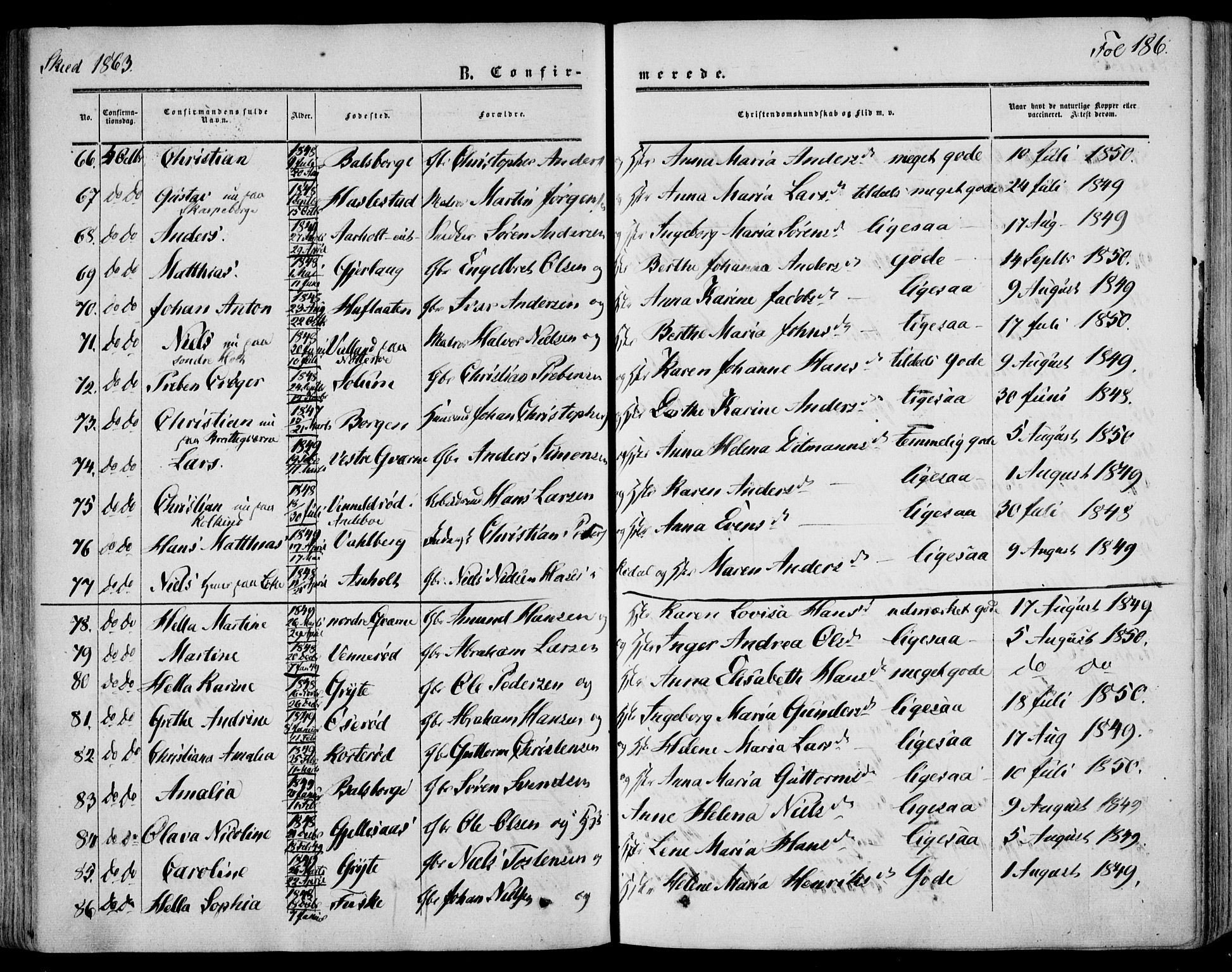 Stokke kirkebøker, AV/SAKO-A-320/F/Fa/L0008: Parish register (official) no. I 8, 1858-1871, p. 186