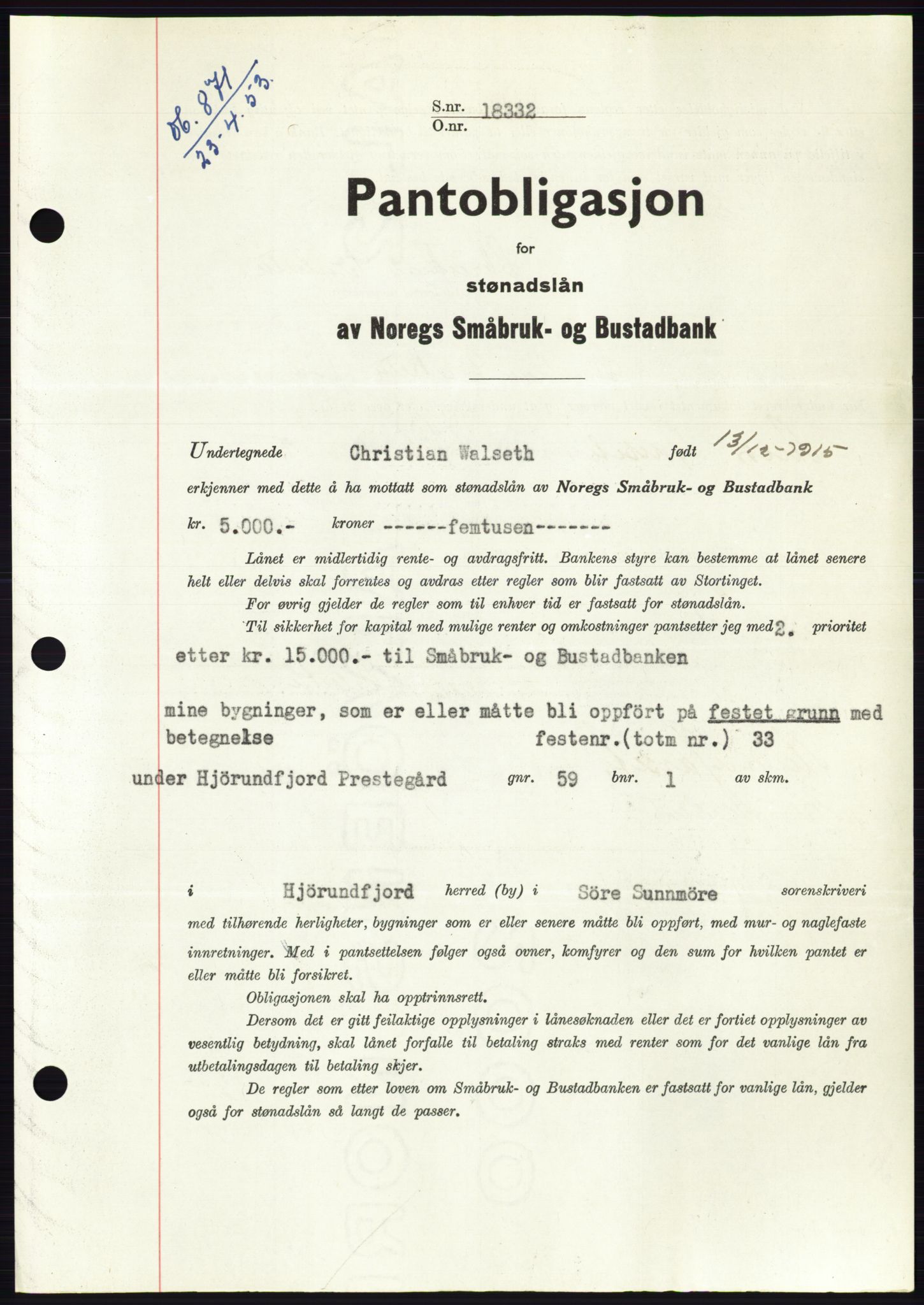 Søre Sunnmøre sorenskriveri, SAT/A-4122/1/2/2C/L0123: Mortgage book no. 11B, 1953-1953, Diary no: : 871/1953
