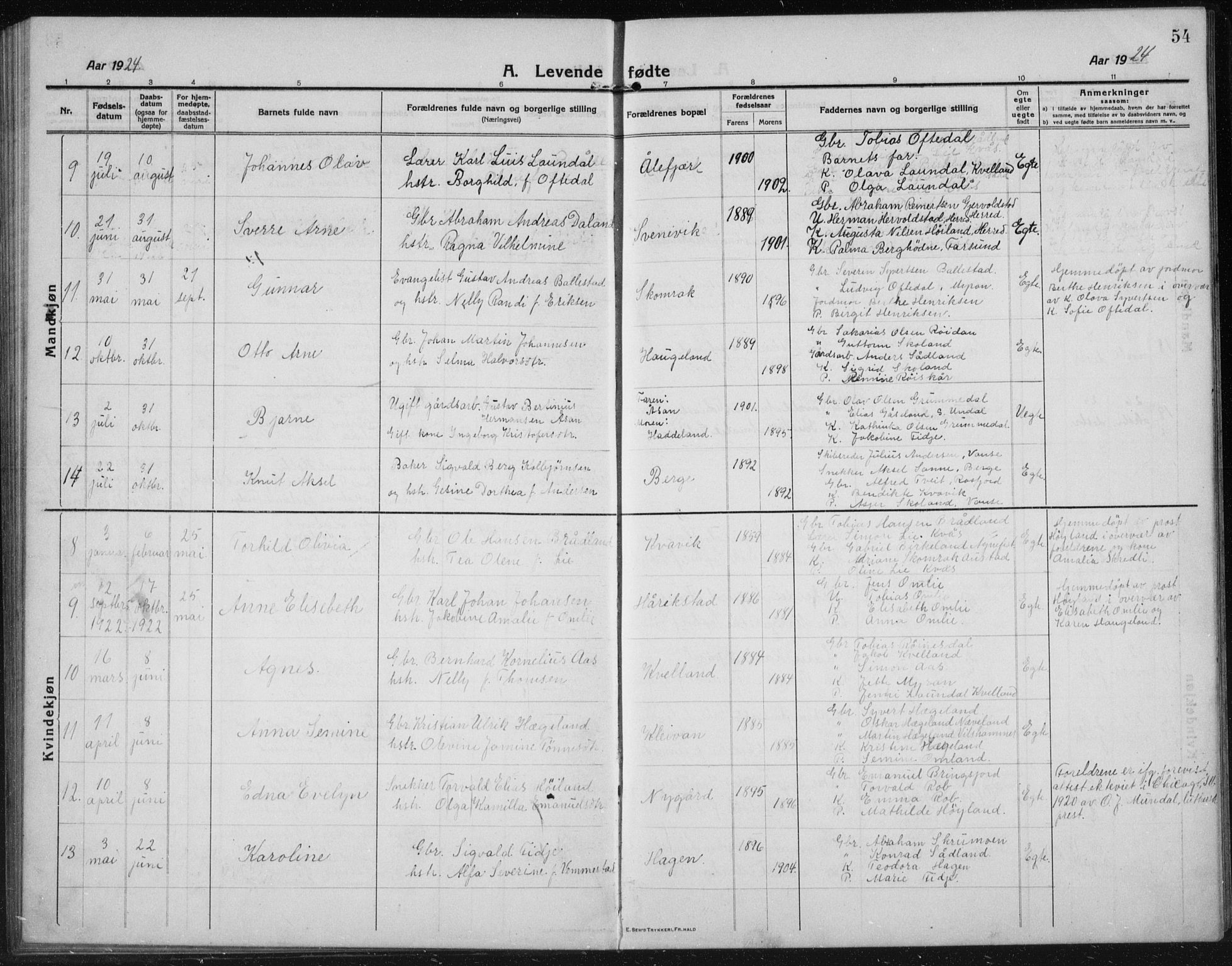 Lyngdal sokneprestkontor, AV/SAK-1111-0029/F/Fb/Fbc/L0006: Parish register (copy) no. B 6, 1914-1934, p. 54