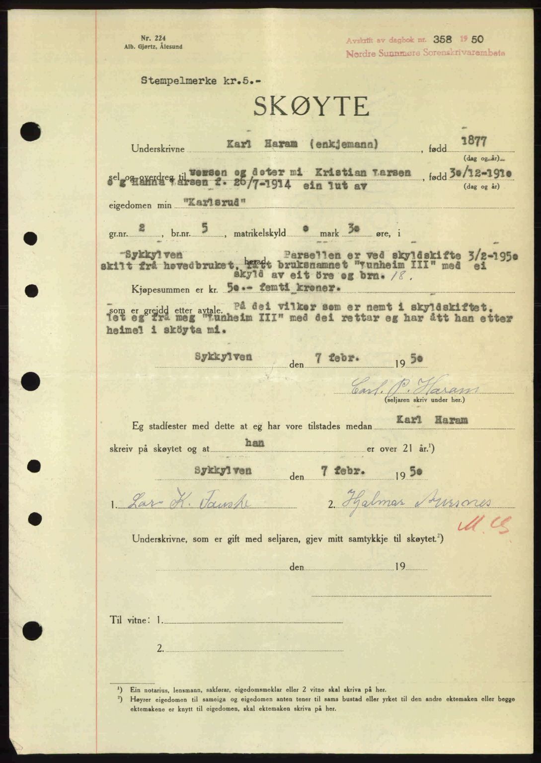 Nordre Sunnmøre sorenskriveri, AV/SAT-A-0006/1/2/2C/2Ca: Mortgage book no. A33, 1949-1950, Diary no: : 358/1950