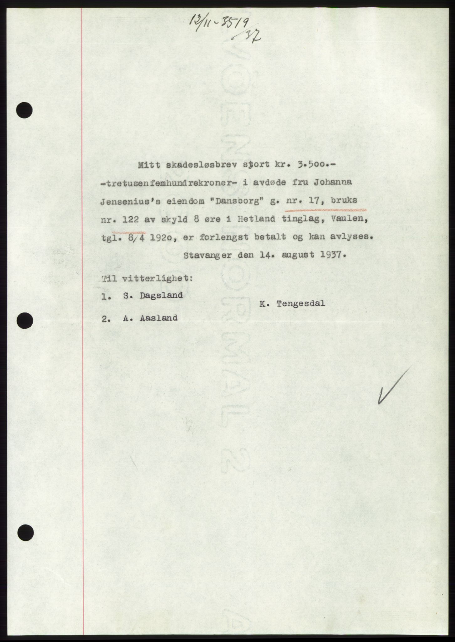 Jæren sorenskriveri, SAST/A-100310/03/G/Gba/L0069: Mortgage book, 1937-1937, Diary no: : 3519/1937