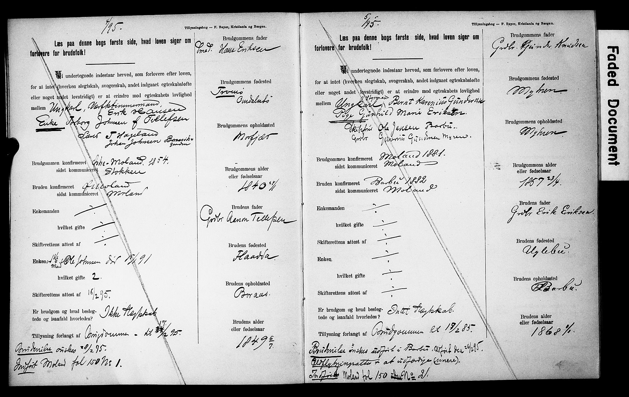 Austre Moland sokneprestkontor, AV/SAK-1111-0001/F/Fe/L0001: Banns register no. A VI 10, 1895-1902