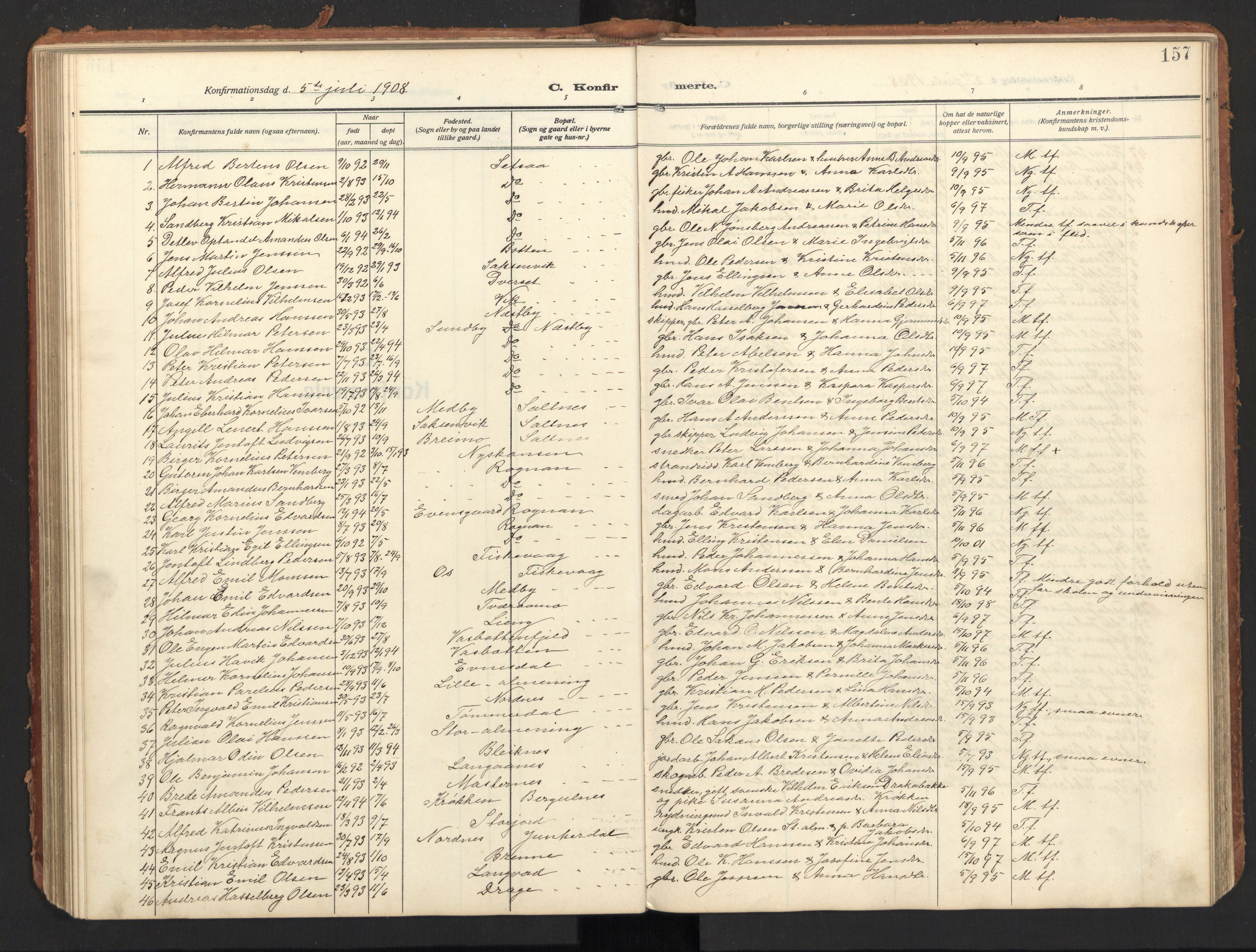 Ministerialprotokoller, klokkerbøker og fødselsregistre - Nordland, SAT/A-1459/847/L0683: Parish register (copy) no. 847C11, 1908-1929, p. 157
