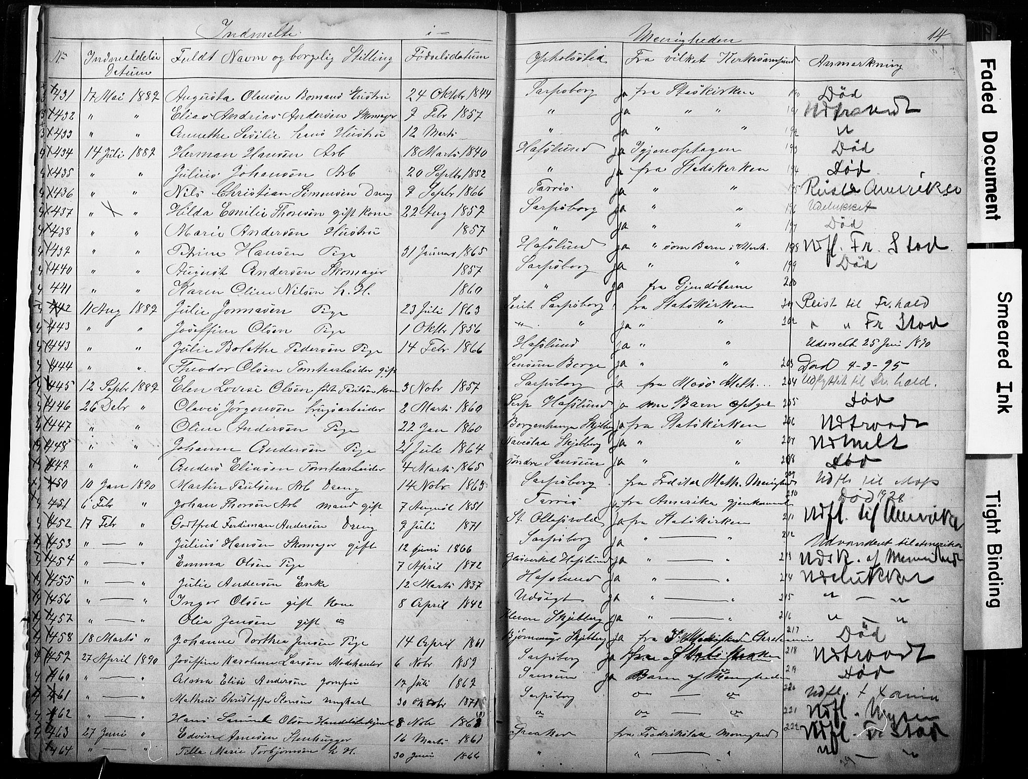 Sarpsborg metodistkirke, SAO/PAO-0233/A/L0002: Dissenter register no. 2, 1856-1890, p. 14