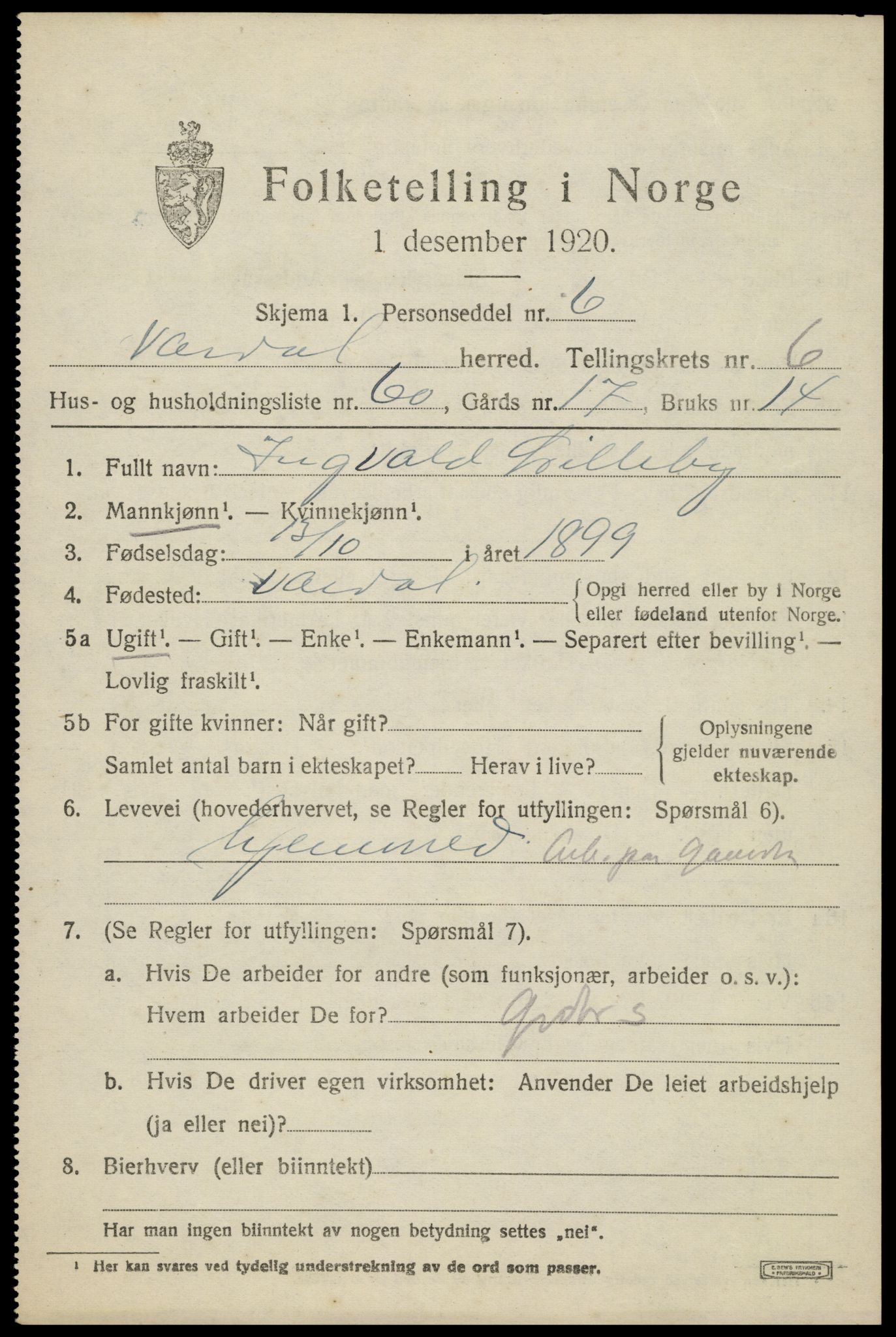 SAH, 1920 census for Vardal, 1920, p. 4563