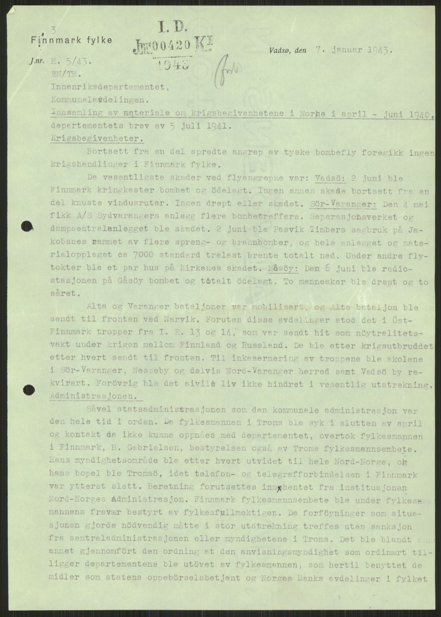 Forsvaret, Forsvarets krigshistoriske avdeling, AV/RA-RAFA-2017/Y/Ya/L0017: II-C-11-31 - Fylkesmenn.  Rapporter om krigsbegivenhetene 1940., 1940, p. 695