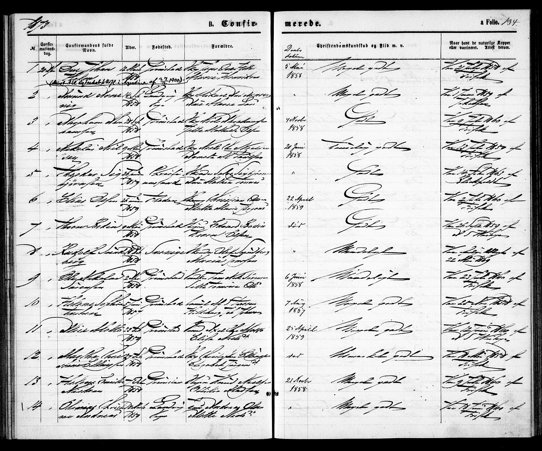 Grimstad sokneprestkontor, SAK/1111-0017/F/Fa/L0002: Parish register (official) no. A 1, 1869-1881, p. 134