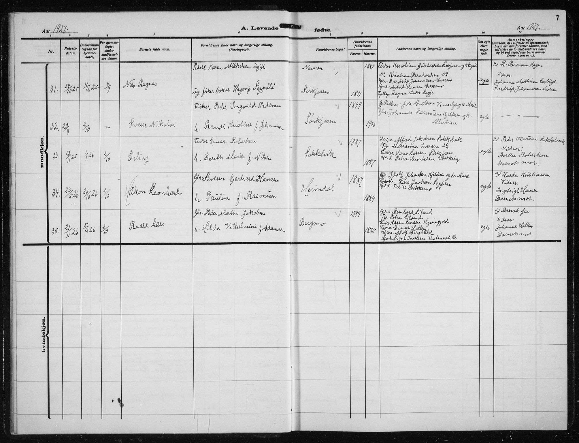 Skjervøy sokneprestkontor, AV/SATØ-S-1300/H/Ha/Hab/L0023klokker: Parish register (copy) no. 23, 1927-1943, p. 7