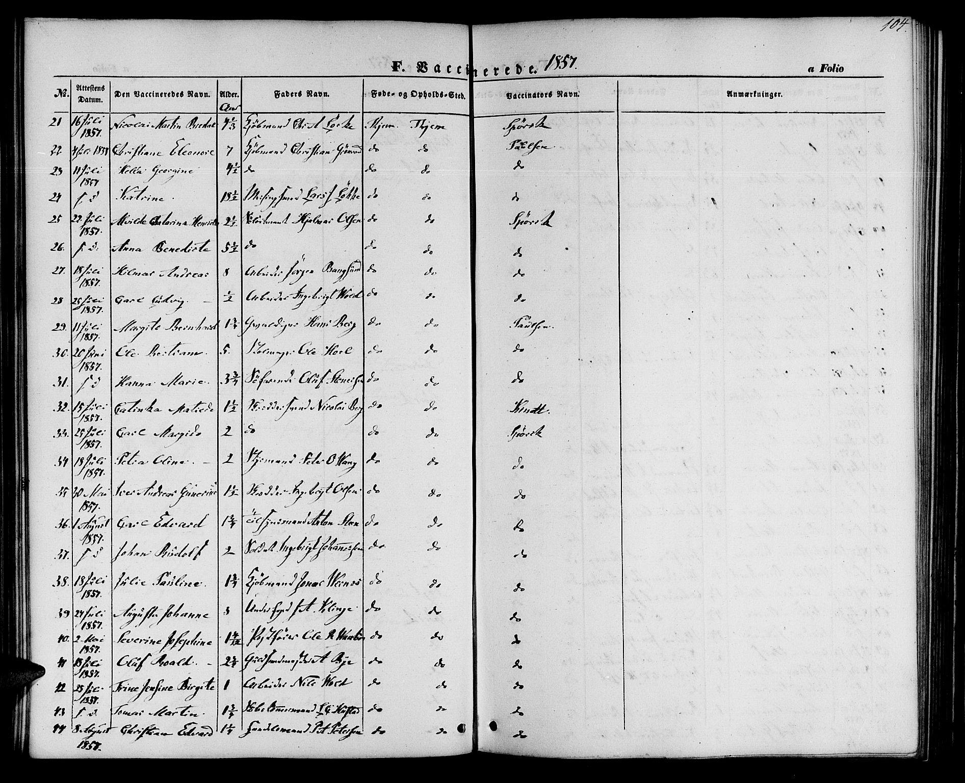 Ministerialprotokoller, klokkerbøker og fødselsregistre - Sør-Trøndelag, SAT/A-1456/602/L0113: Parish register (official) no. 602A11, 1849-1861, p. 104