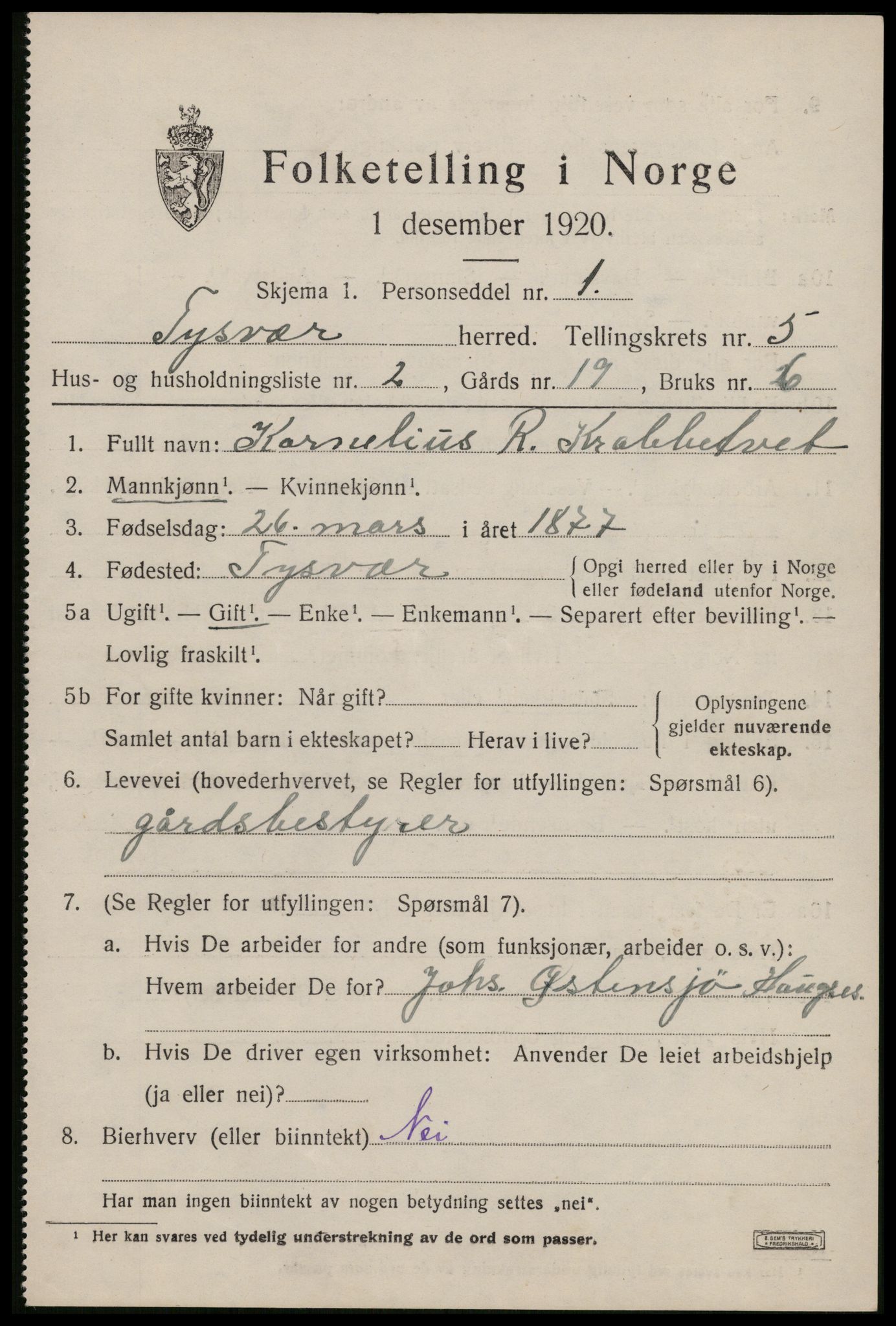 SAST, 1920 census for Tysvær, 1920, p. 1854