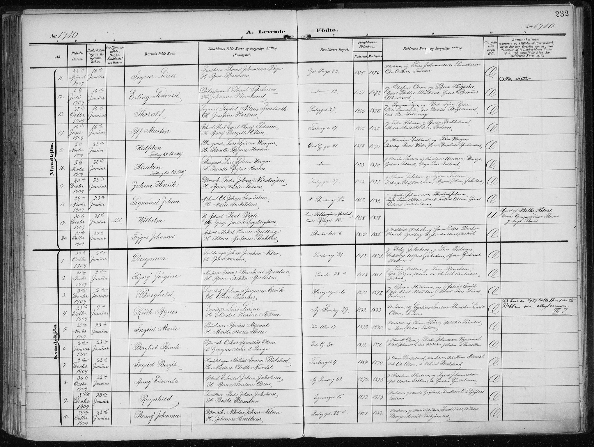 Sandviken Sokneprestembete, AV/SAB-A-77601/H/Ha/L0006: Parish register (official) no. B 3, 1901-1912, p. 232