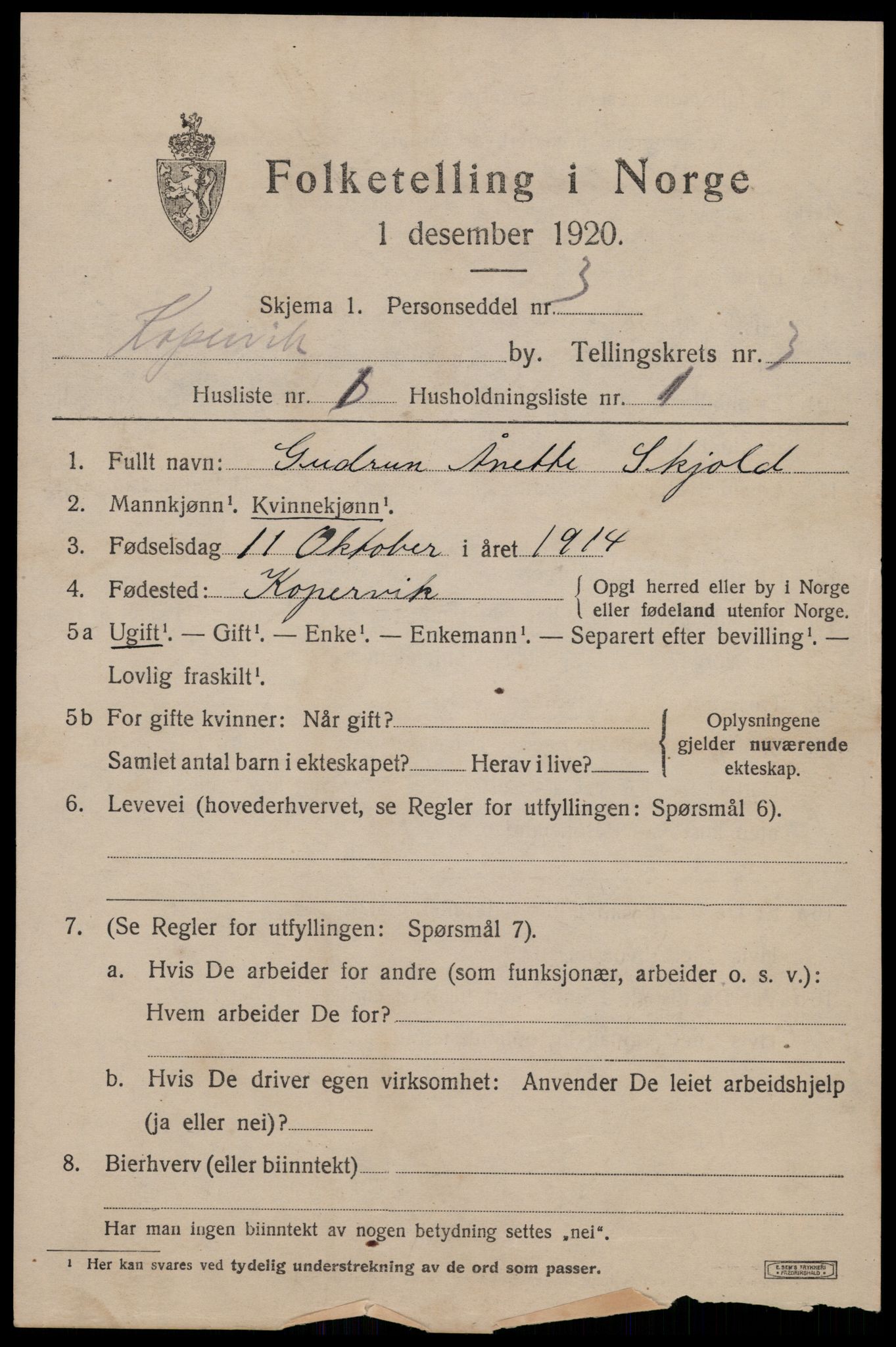 SAST, 1920 census for Kopervik, 1920, p. 4100