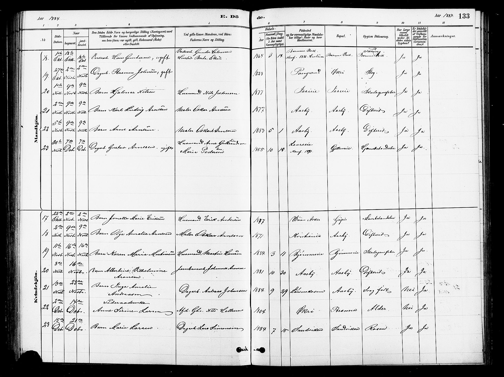 Asker prestekontor Kirkebøker, SAO/A-10256a/F/Fb/L0001: Parish register (official) no. II 1, 1879-1895, p. 133