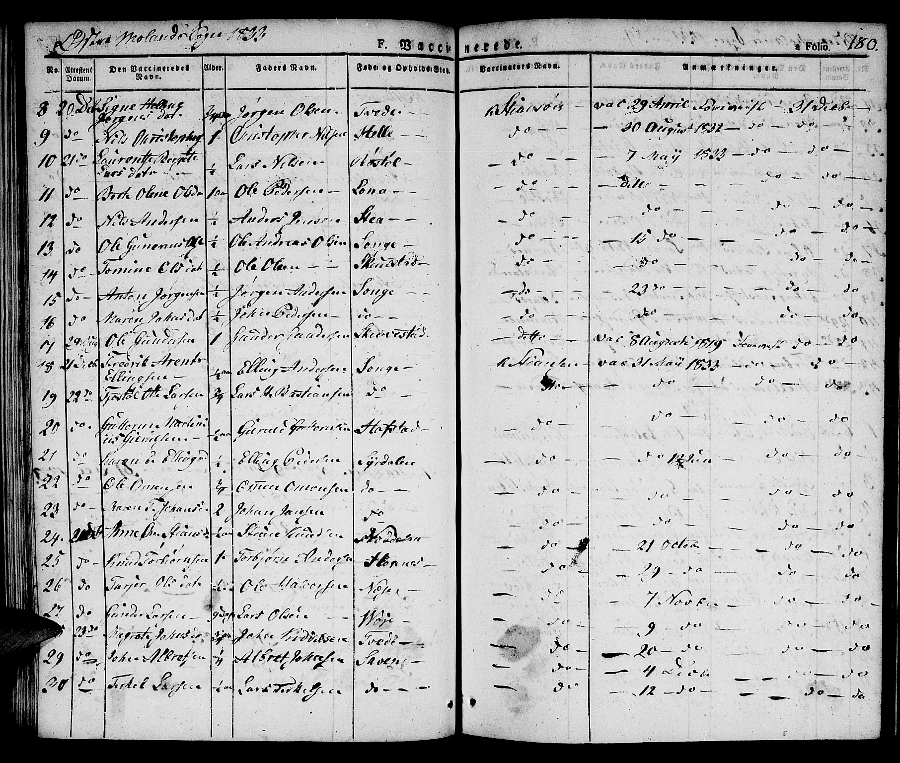 Austre Moland sokneprestkontor, AV/SAK-1111-0001/F/Fa/Faa/L0005: Parish register (official) no. A 5, 1825-1837, p. 180