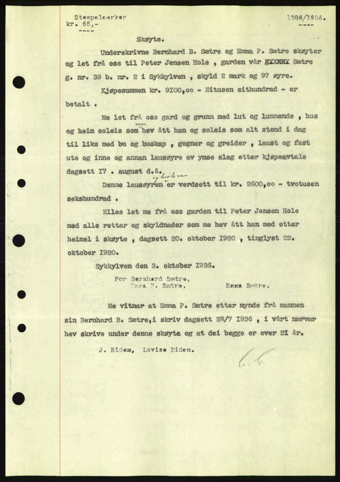 Nordre Sunnmøre sorenskriveri, AV/SAT-A-0006/1/2/2C/2Ca: Mortgage book no. A2, 1936-1937, Diary no: : 1386/1936