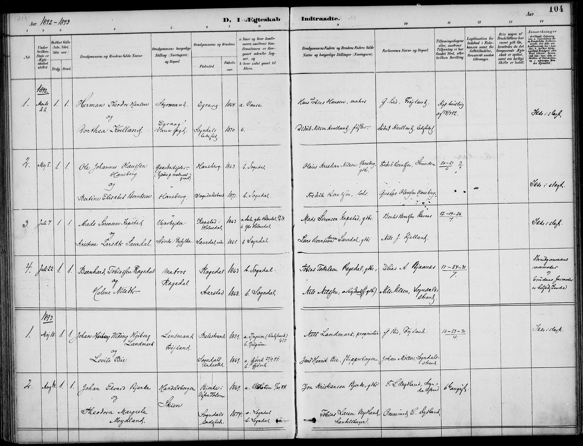 Sokndal sokneprestkontor, SAST/A-101808: Parish register (official) no. A 12, 1887-1927, p. 104