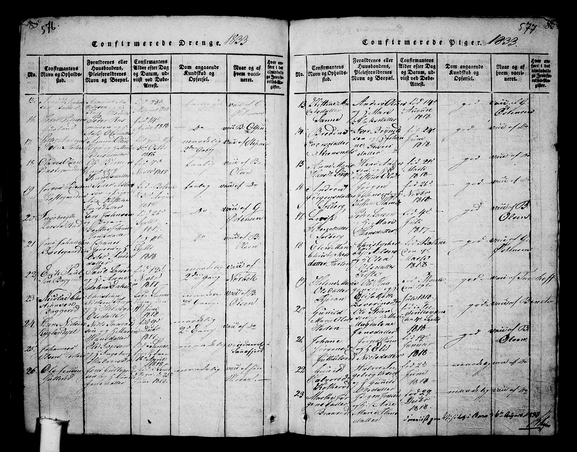 Borre kirkebøker, SAKO/A-338/G/Ga/L0001: Parish register (copy) no. I 1, 1815-1851, p. 576-577