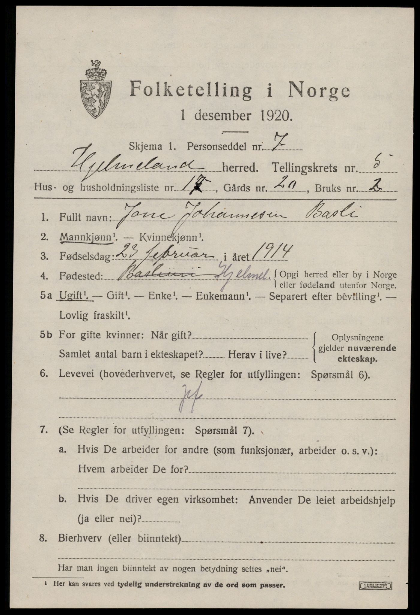 SAST, 1920 census for Hjelmeland, 1920, p. 2035