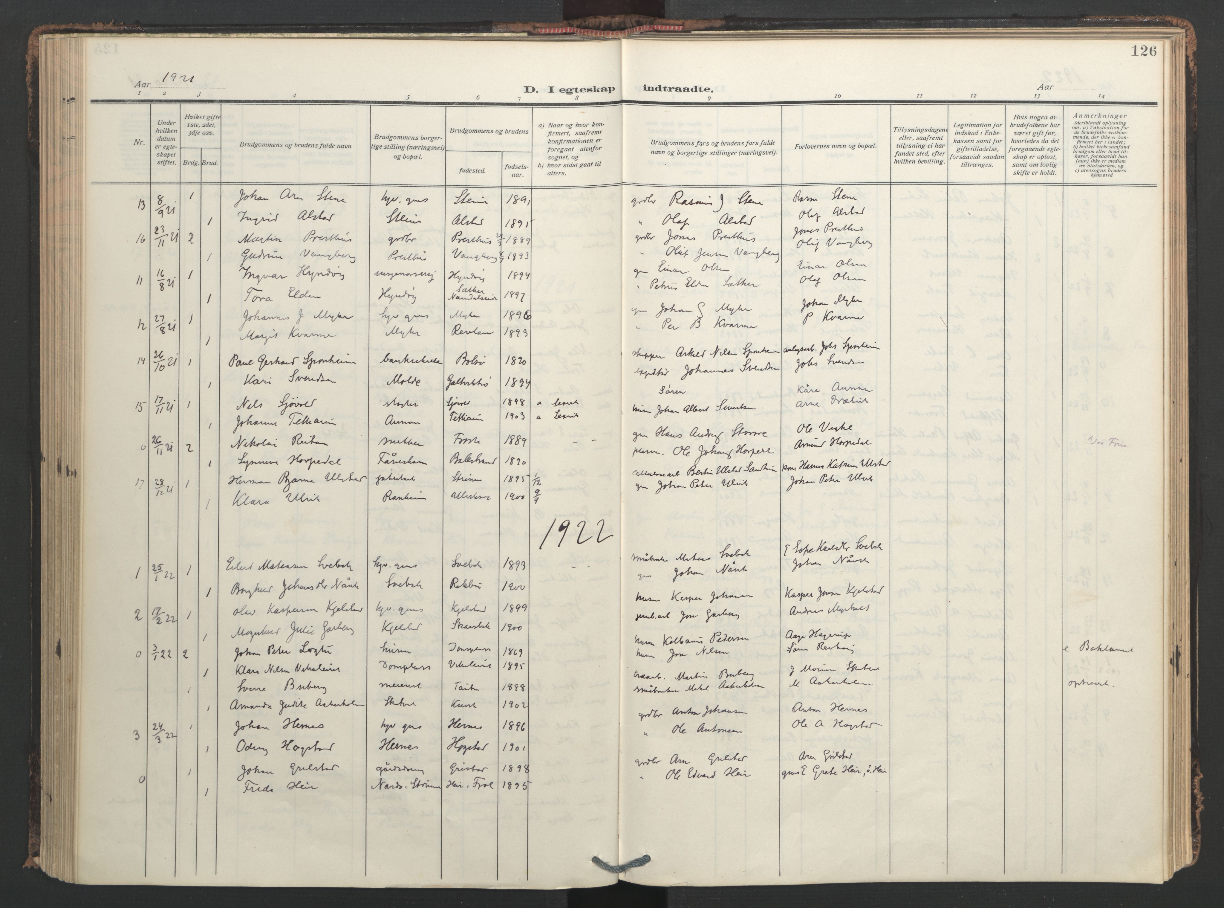 Ministerialprotokoller, klokkerbøker og fødselsregistre - Nord-Trøndelag, SAT/A-1458/713/L0123: Parish register (official) no. 713A12, 1911-1925, p. 126