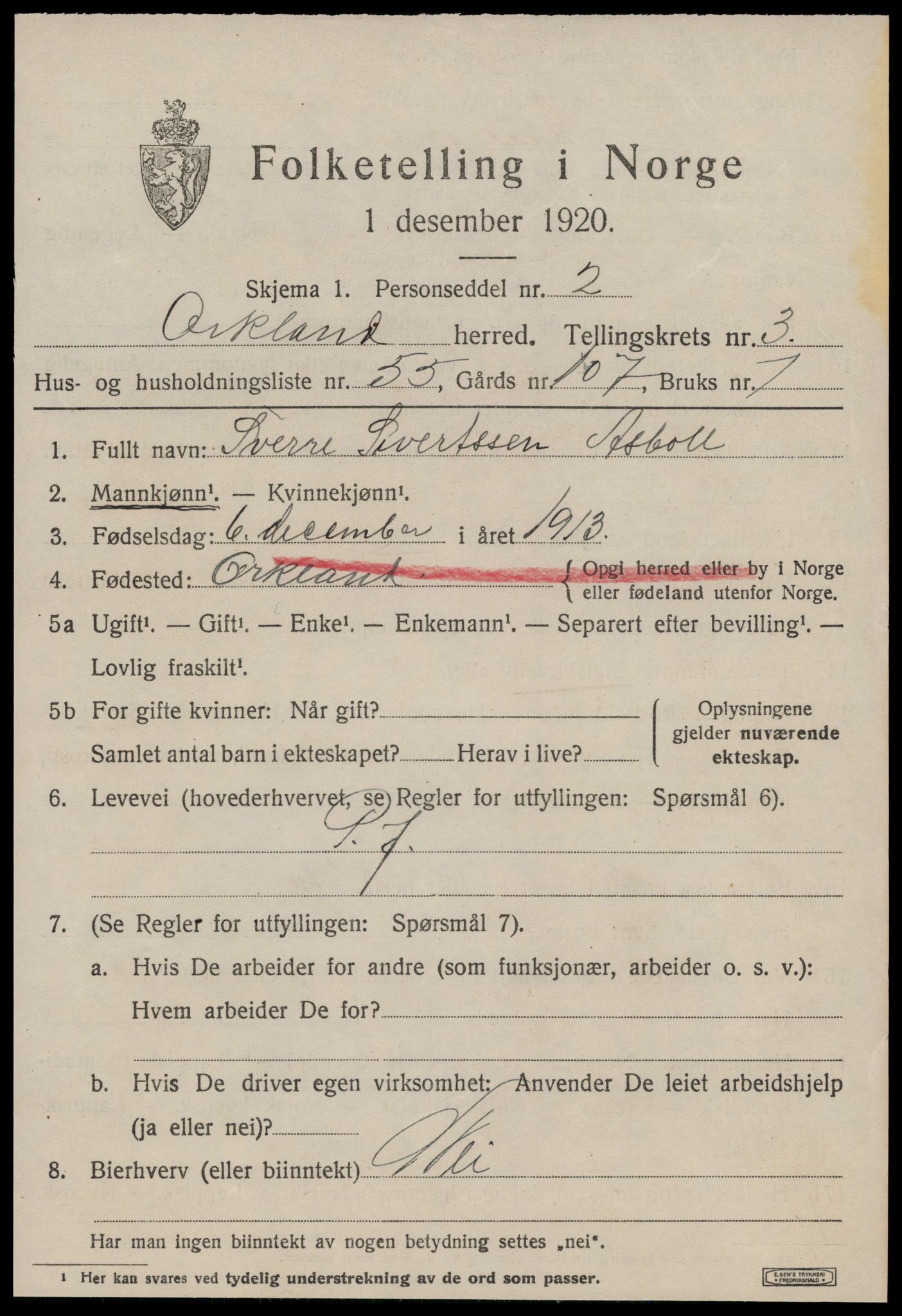 SAT, 1920 census for Orkland, 1920, p. 3332