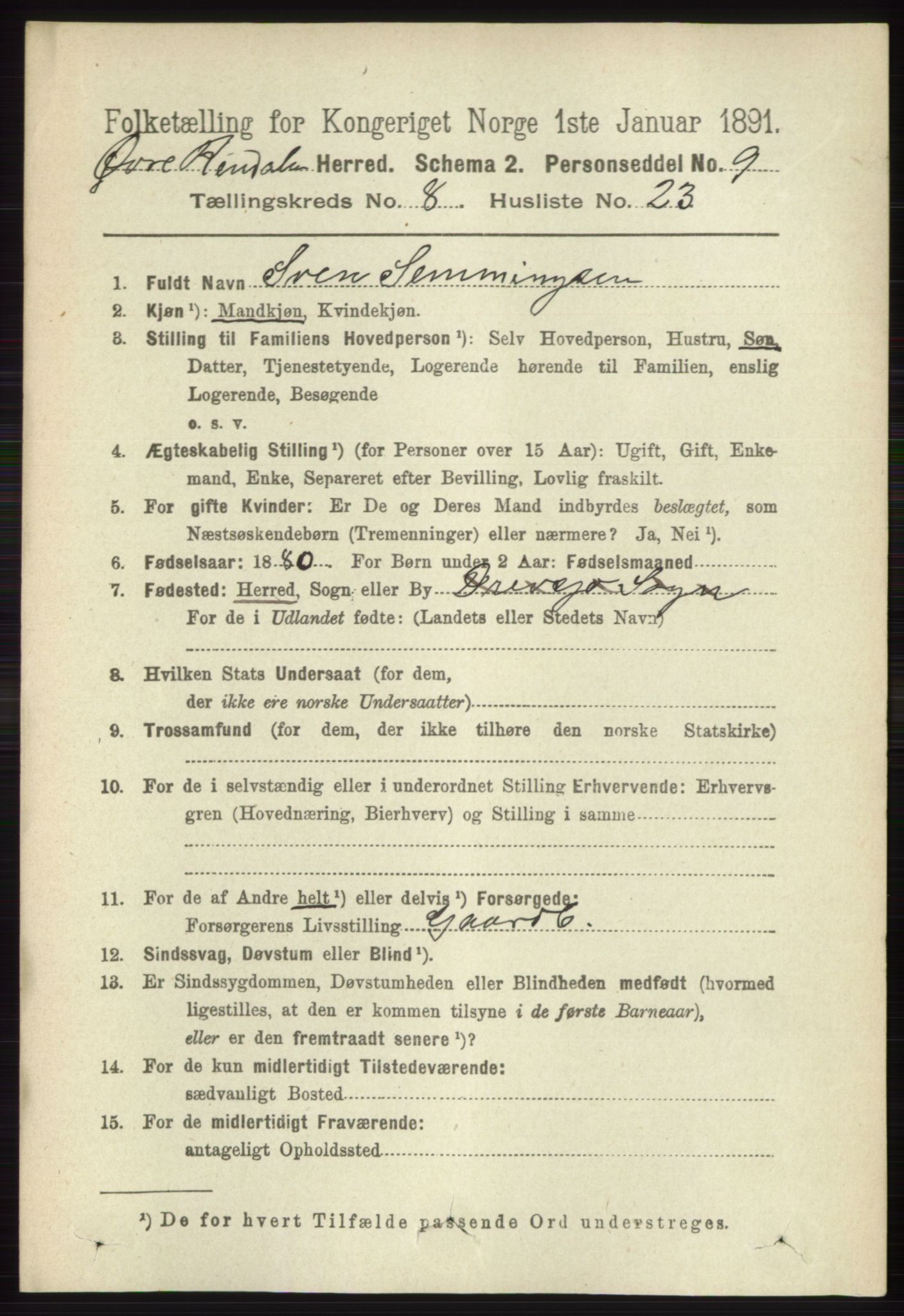 RA, 1891 census for 0433 Øvre Rendal, 1891, p. 2159