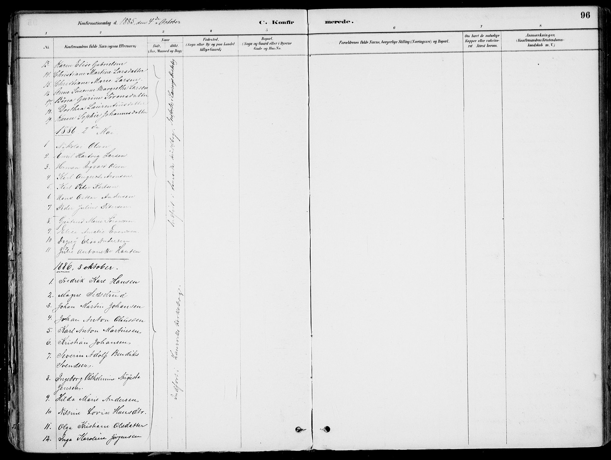 Larvik kirkebøker, AV/SAKO-A-352/F/Fb/L0004: Parish register (official) no. II 4, 1884-1902, p. 96