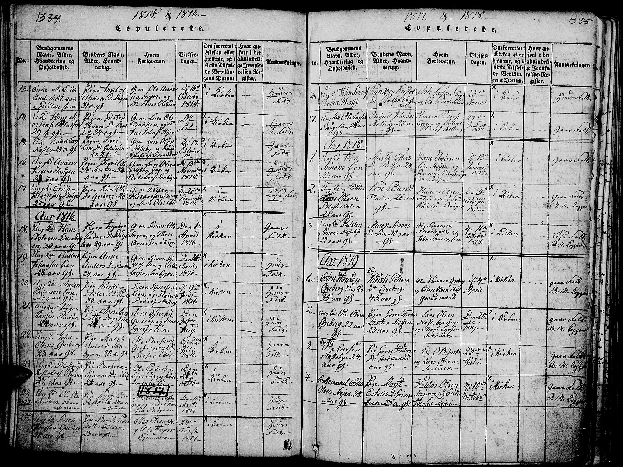 Tynset prestekontor, SAH/PREST-058/H/Ha/Hab/L0002: Parish register (copy) no. 2, 1814-1862, p. 384-385