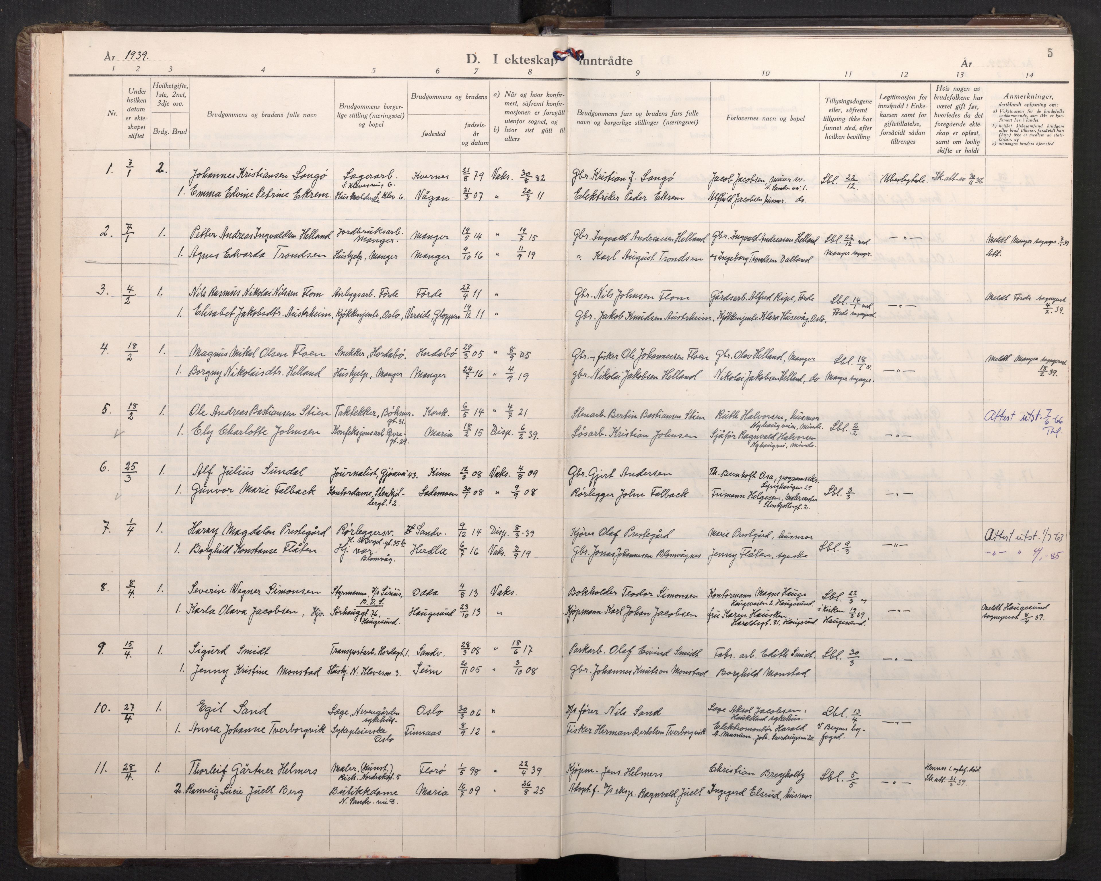 Mariakirken Sokneprestembete, SAB/A-76901/H/Haa/L0019: Parish register (official) no. D 1, 1939-1963, p. 4b-5a