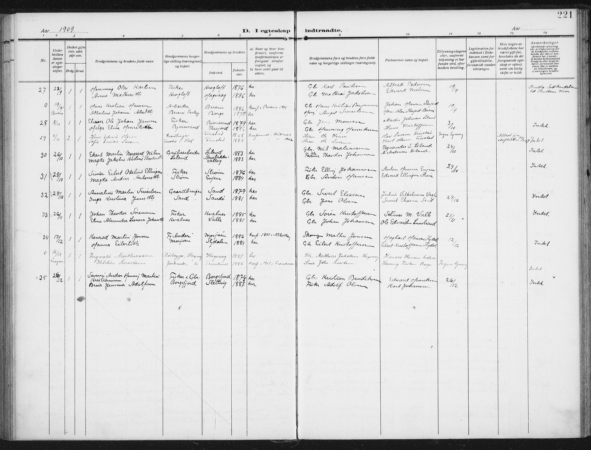 Ministerialprotokoller, klokkerbøker og fødselsregistre - Nordland, AV/SAT-A-1459/880/L1135: Parish register (official) no. 880A09, 1908-1919, p. 221